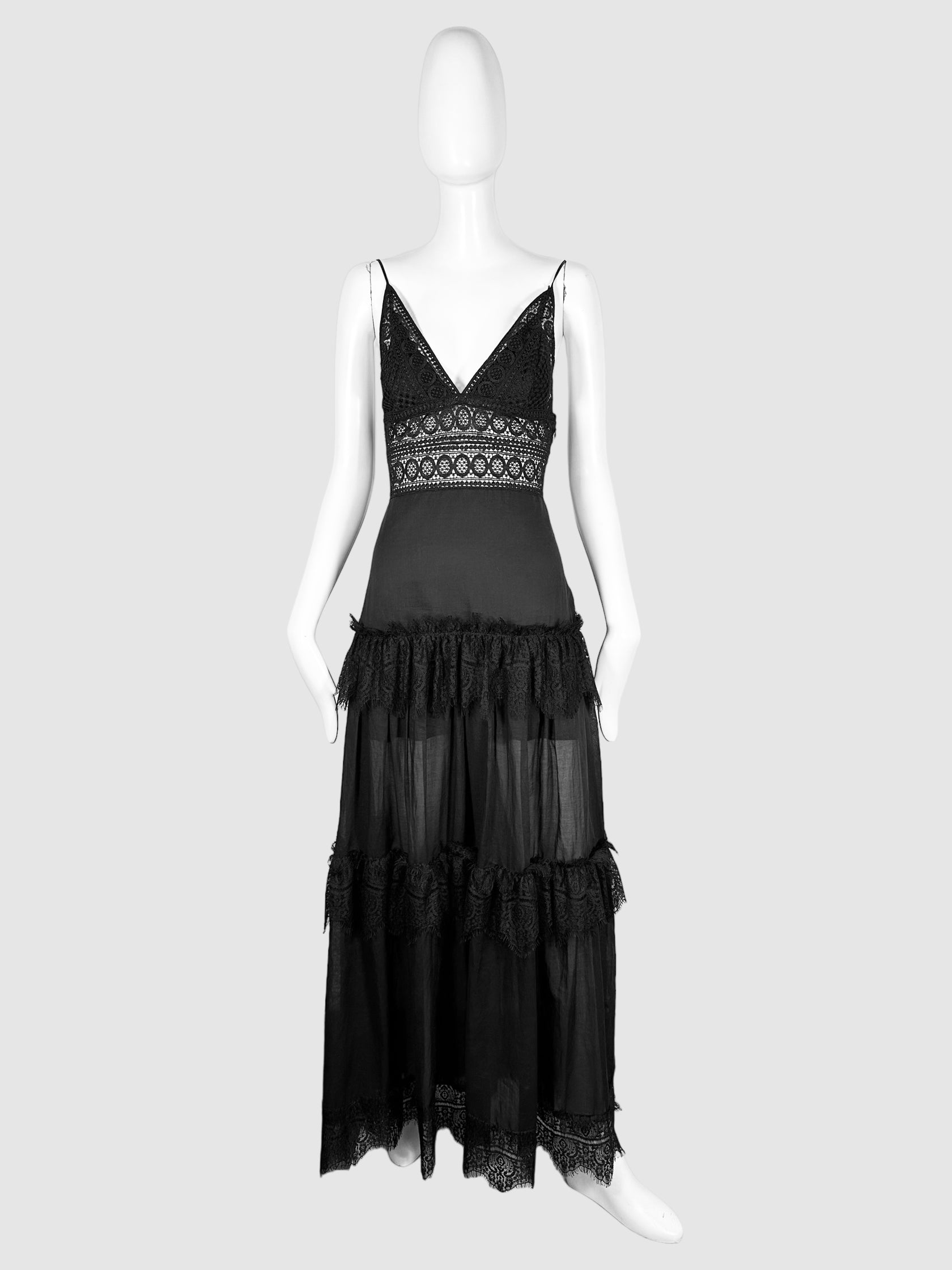 Chazo Raiz Black Tiered Lace V-Neck Maxi Dress Size Medium Consignment Secondhand Designer Luxury Resale Toronto Trendy