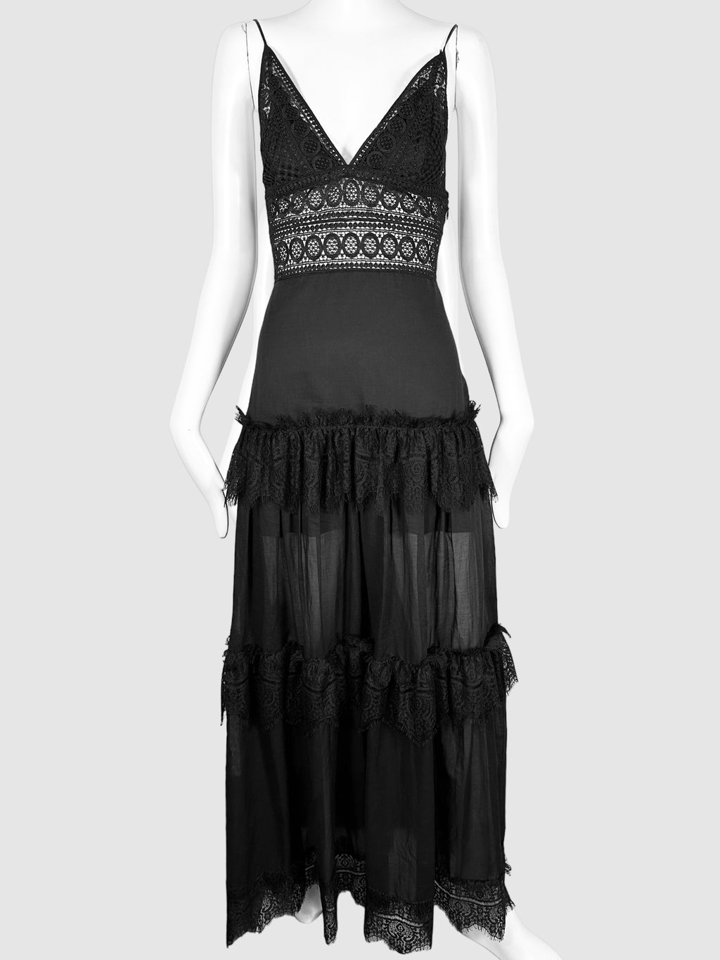 Chazo Raiz Black Tiered Lace V-Neck Maxi Dress Size Medium Consignment Secondhand Designer Luxury Resale Toronto Trendy
