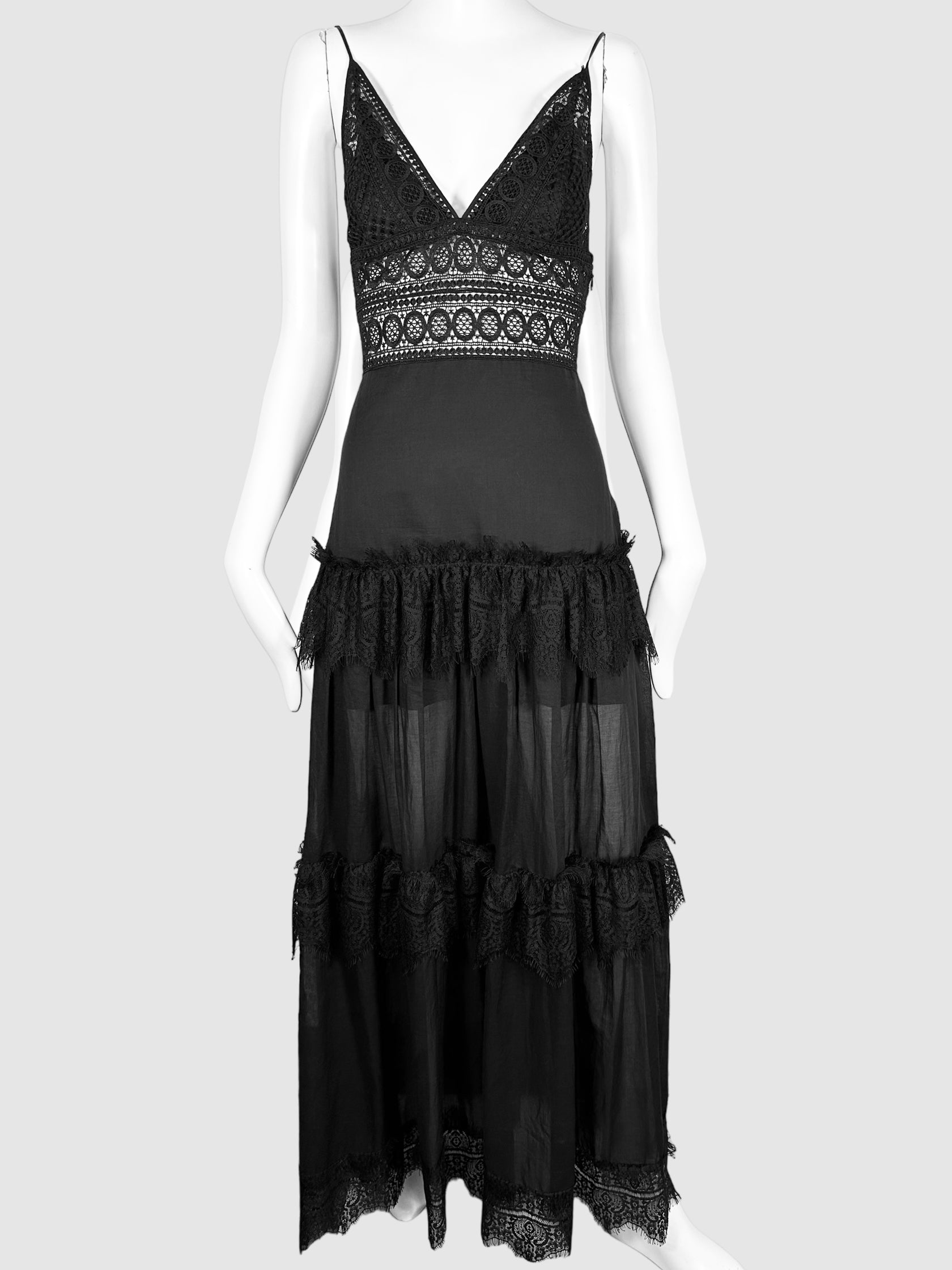 Chazo Raiz Black Tiered Lace V-Neck Maxi Dress Size Medium Consignment Secondhand Designer Luxury Resale Toronto Trendy