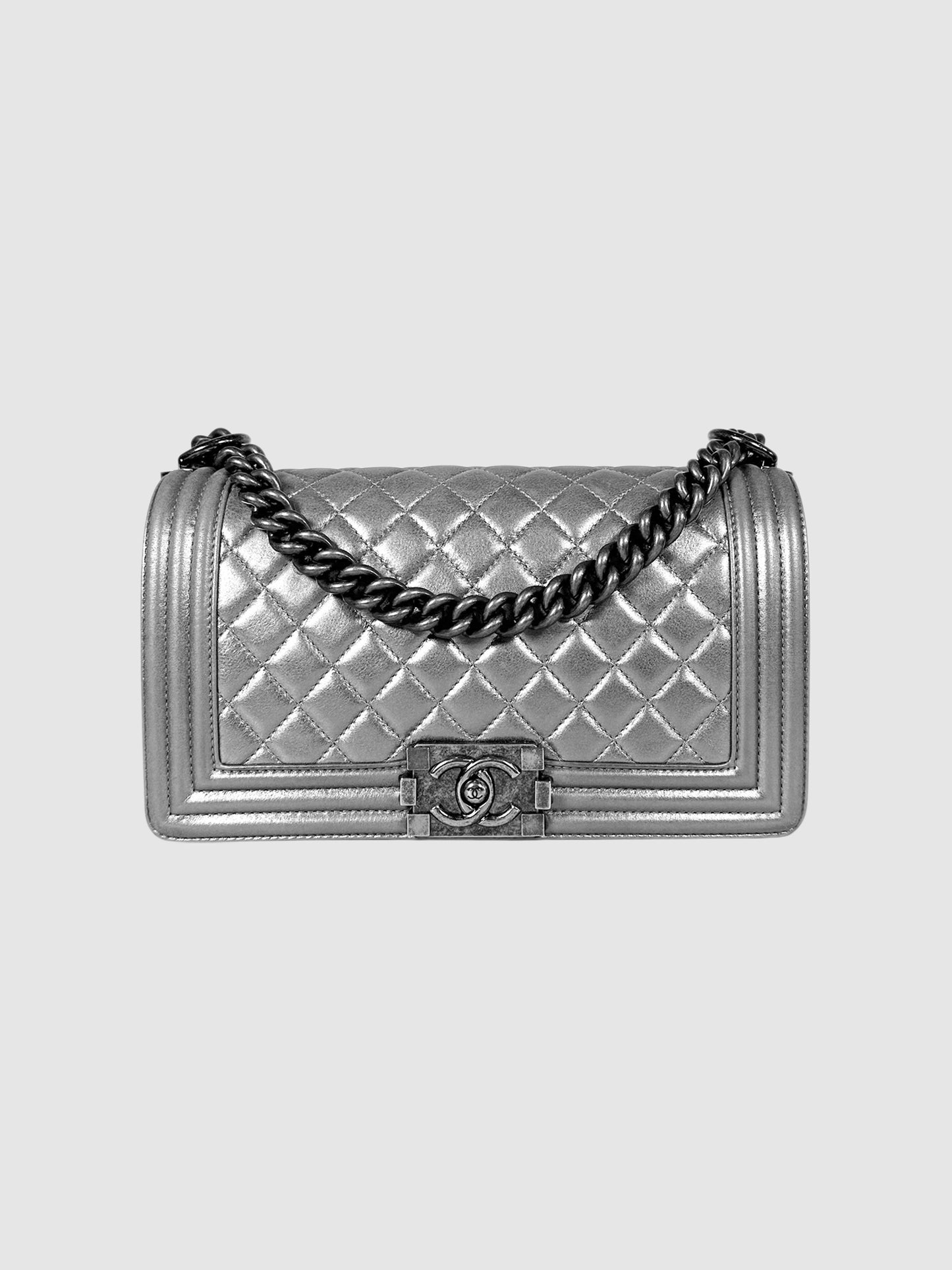 Chanel Silver 2014 Metallic Leather Medium Boy Bag Luxury Designer Resale Consignment Toronto 