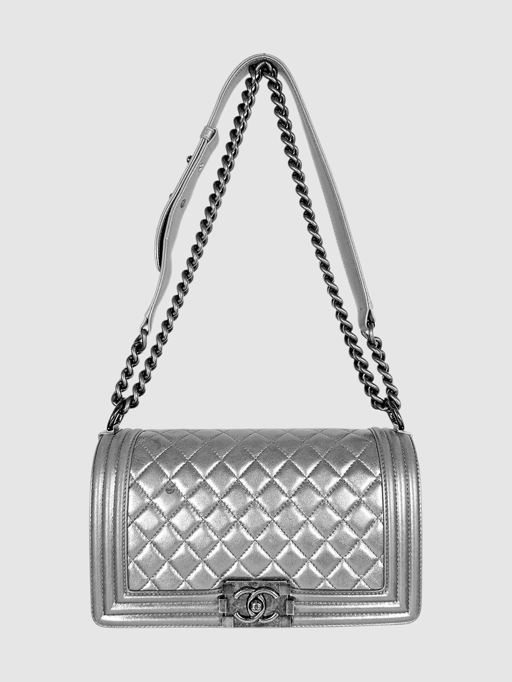 Chanel Silver 2014 Metallic Leather Medium Boy Bag Luxury Designer Resale Consignment Toronto 