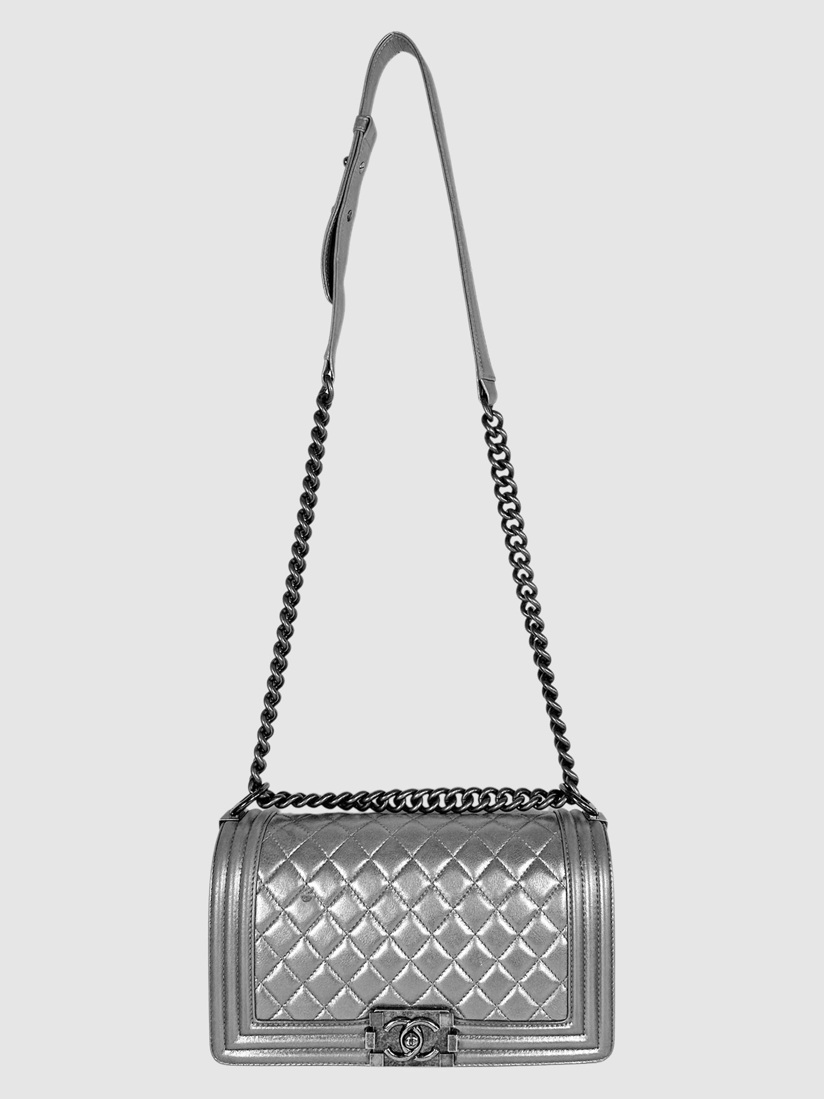Chanel Silver 2014 Metallic Leather Medium Boy Bag Luxury Designer Resale Consignment Toronto 