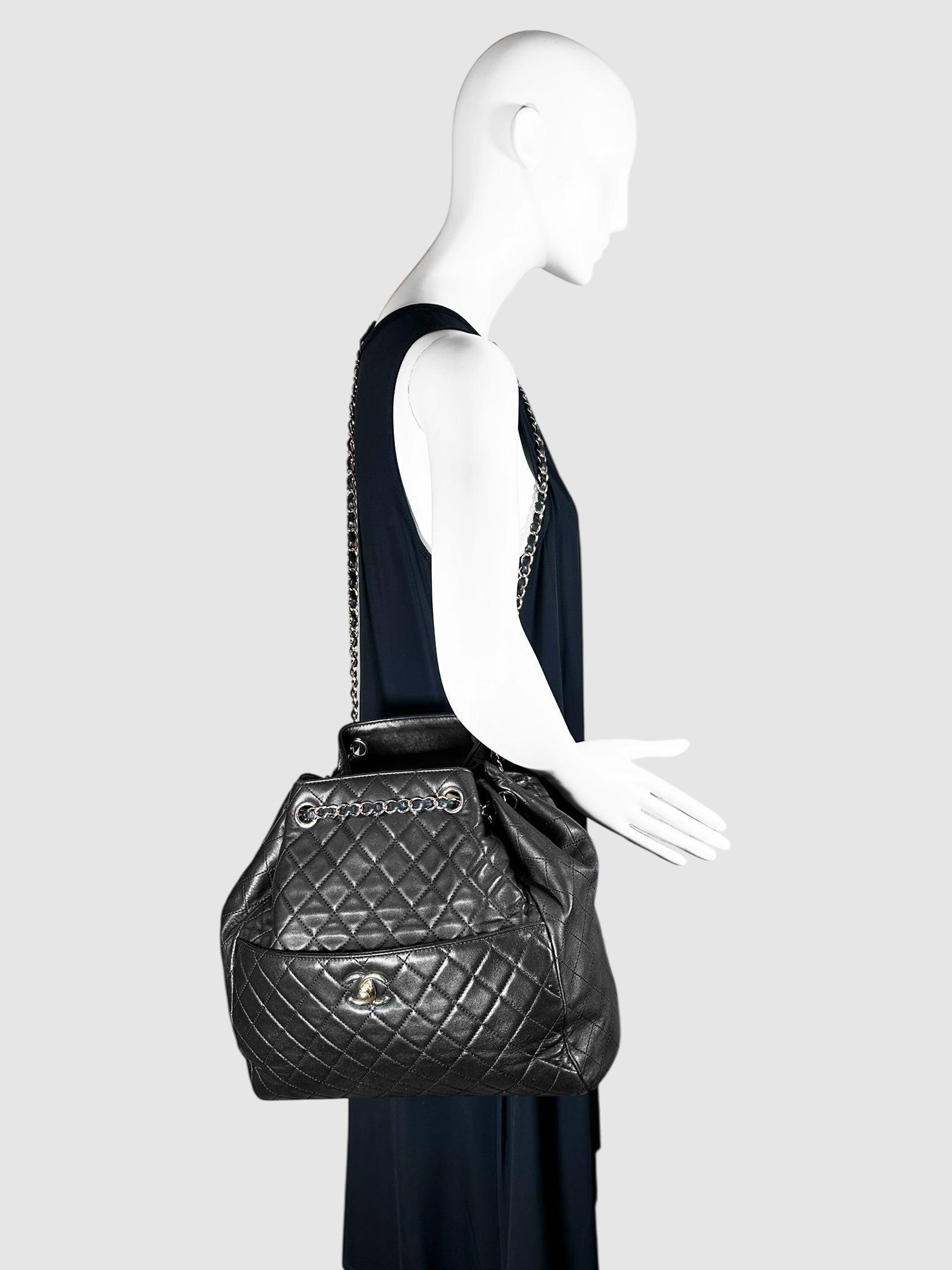 Chanel Black 2017 Quilted Lambskin Leather Drawstring Bucket Bag Luxury Designer Resale Consignment Toronto