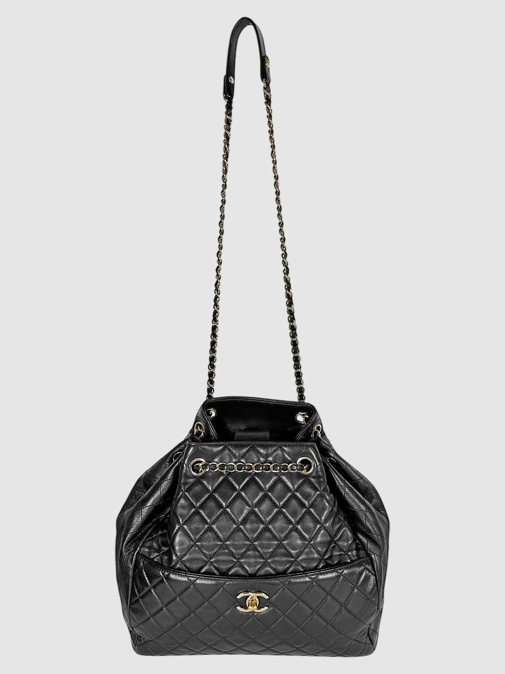 Chanel Black 2017 Quilted Lambskin Leather Drawstring Bucket Bag Luxury Designer Resale Consignment Toronto