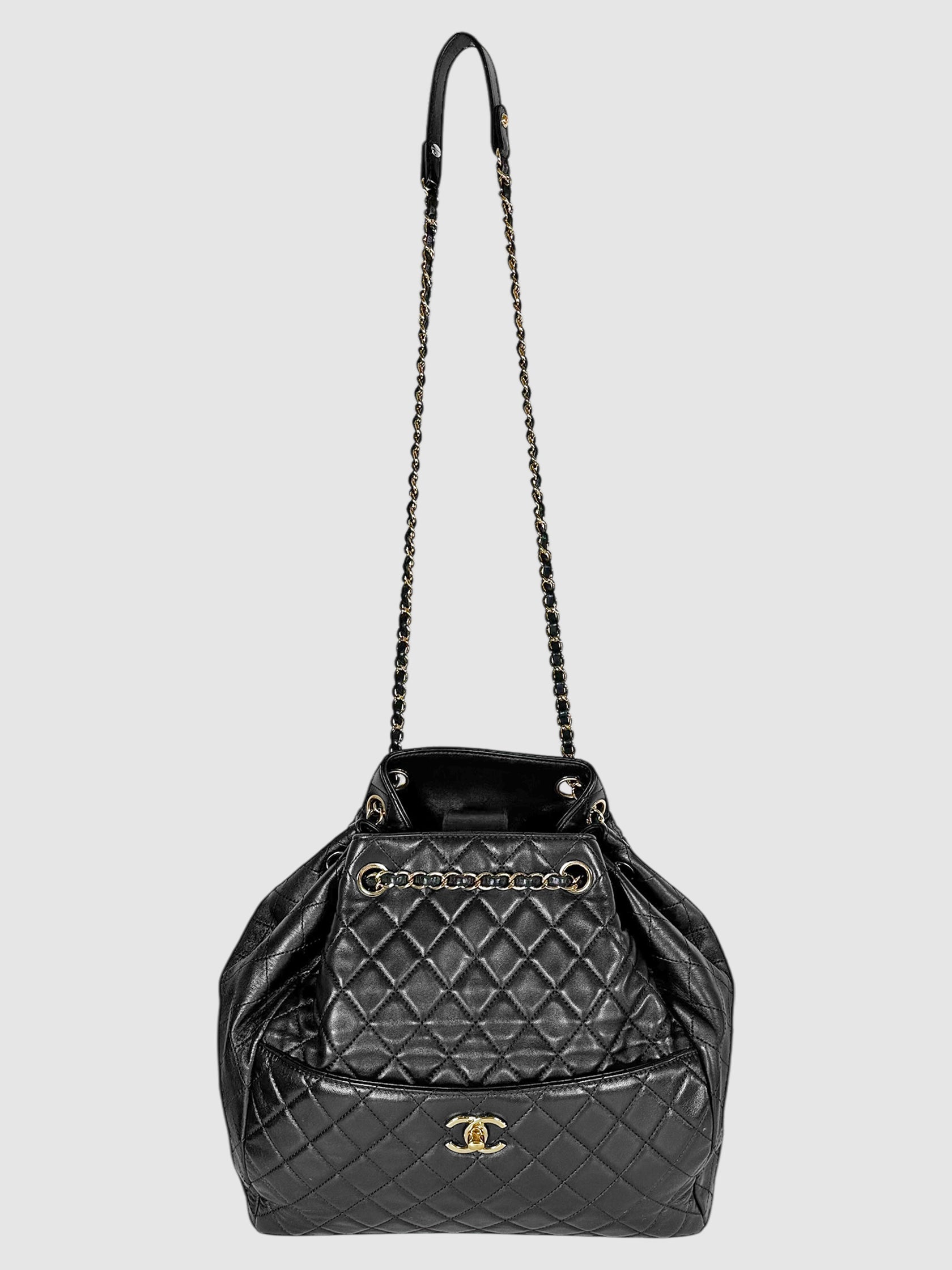 Chanel Black 2017 Quilted Lambskin Leather Drawstring Bucket Bag Luxury Designer Resale Consignment Toronto