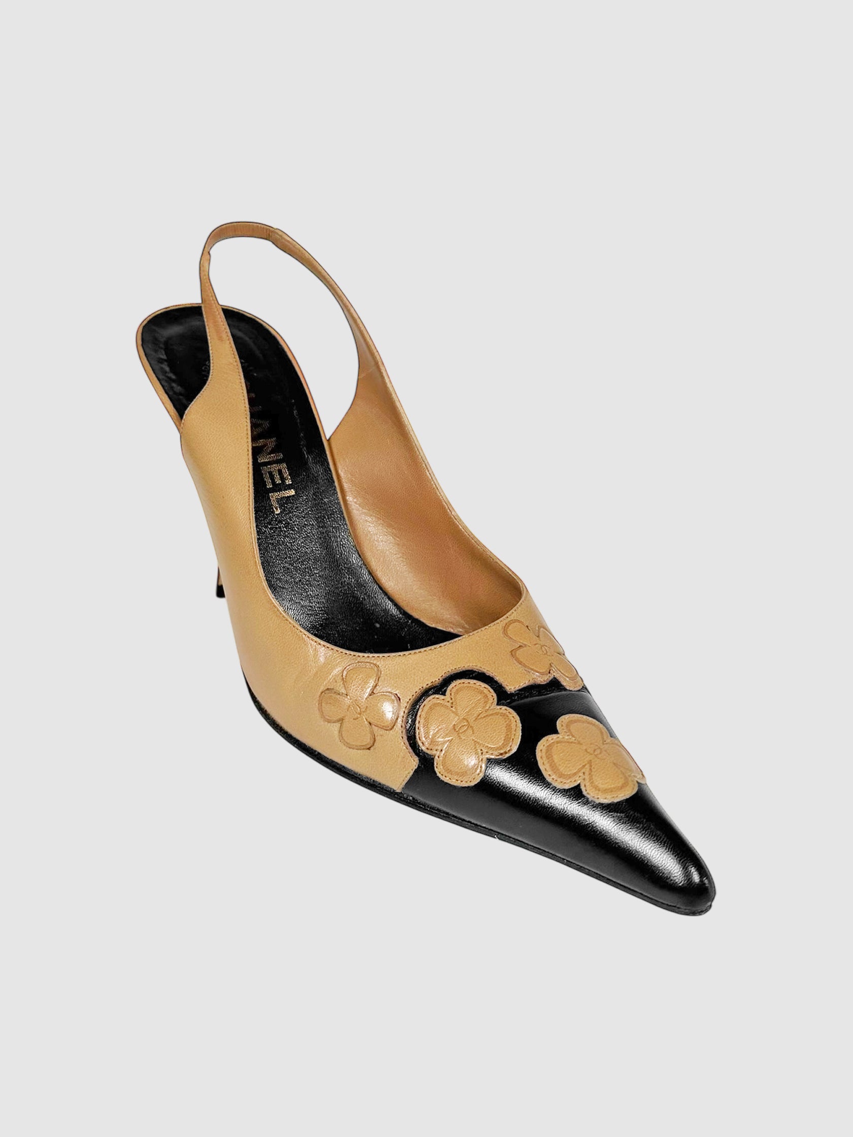 Chanel Black and Light Brown Leather Camellia Print Pumps Luxury Designer Resale Slingback Shoes Consignment Toronto Canada