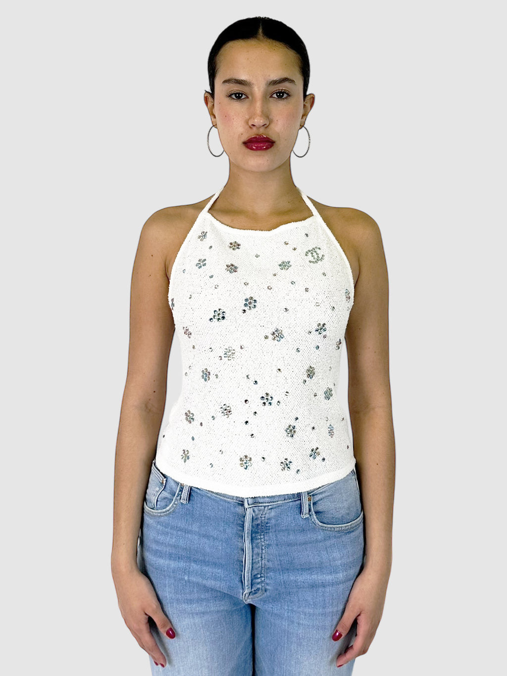 Rhinestone Embellished Knit Halter Top - Size 36