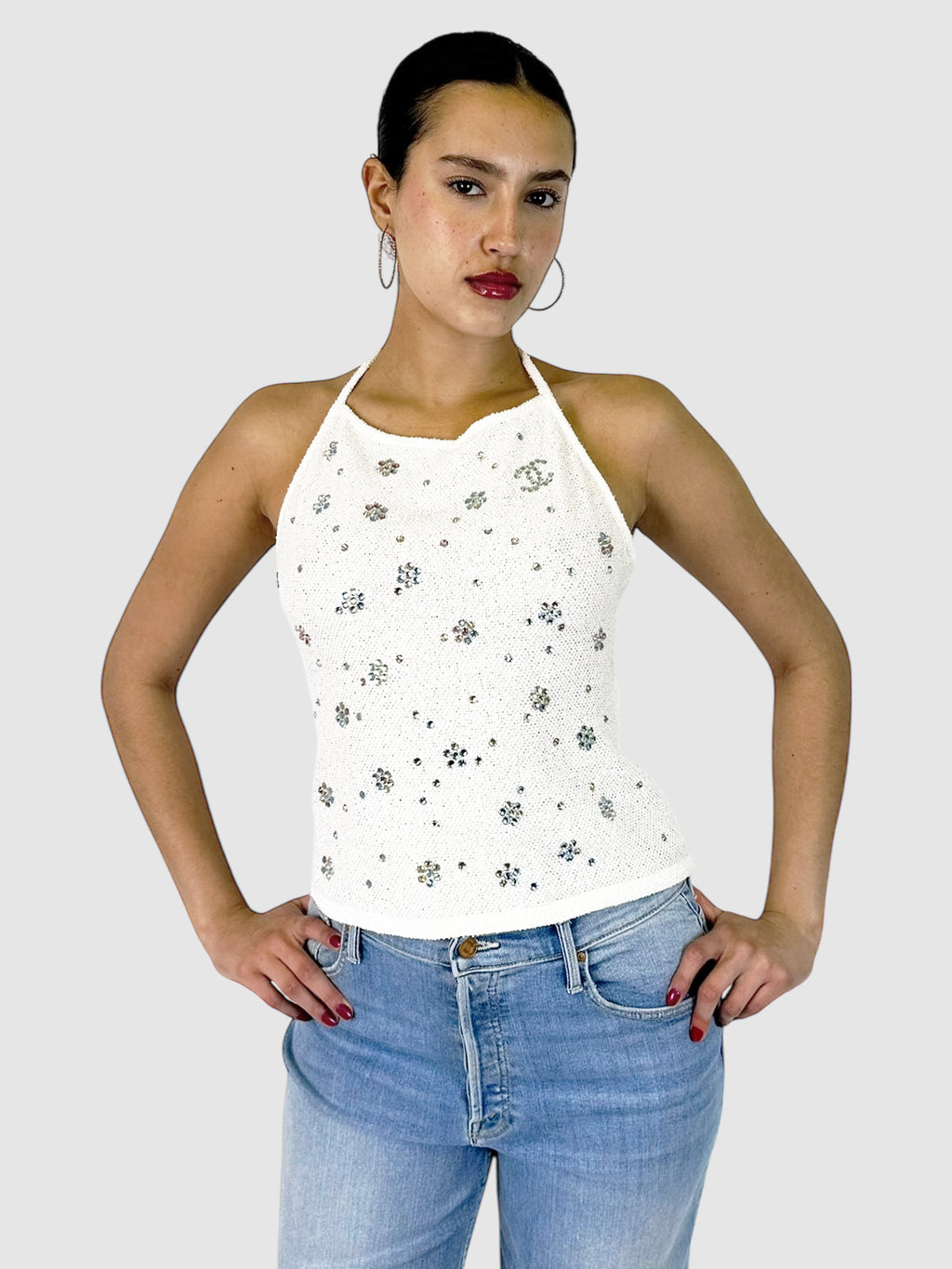 Rhinestone Embellished Knit Halter Top - Size 36