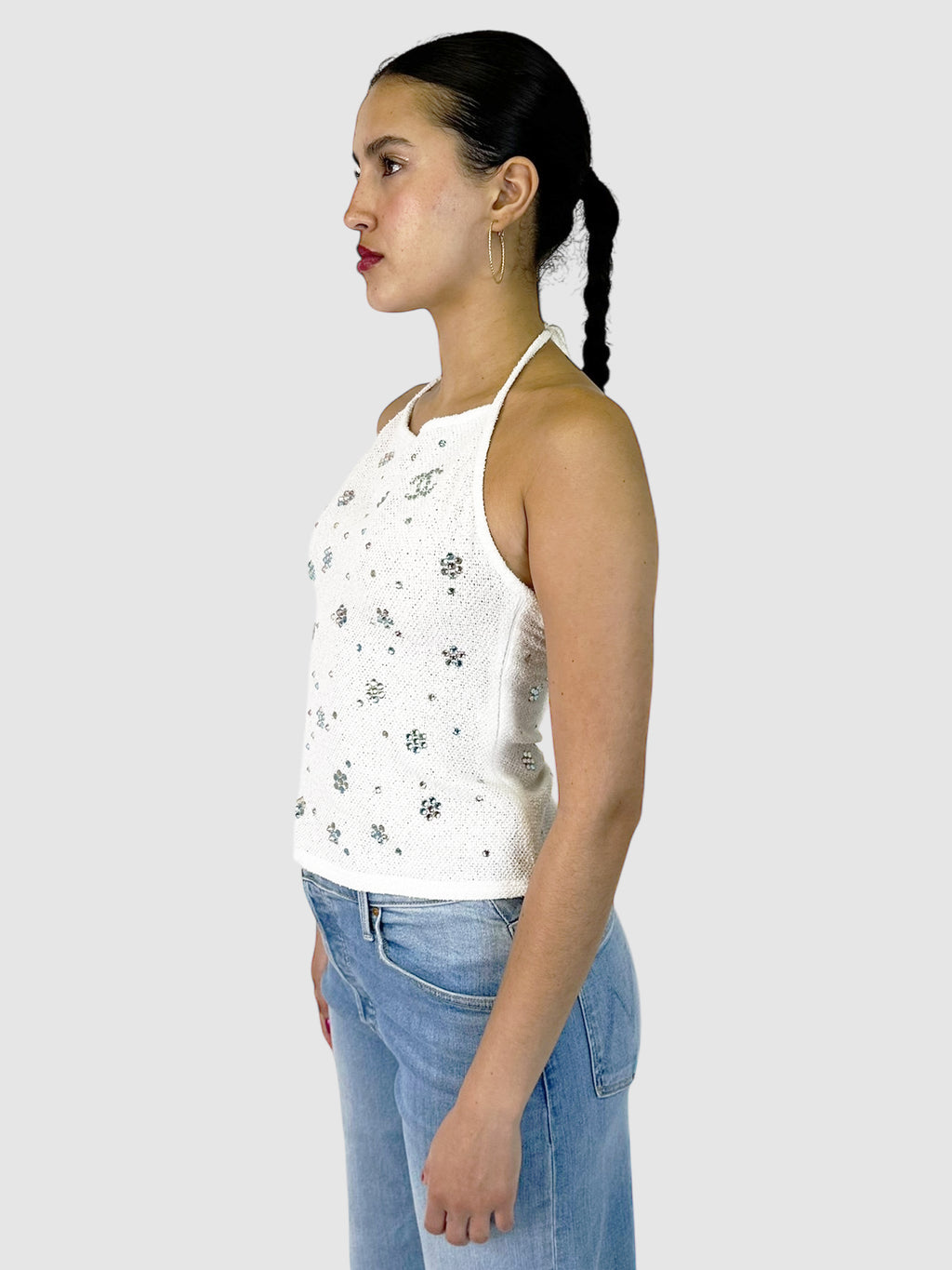 Rhinestone Embellished Knit Halter Top - Size 36