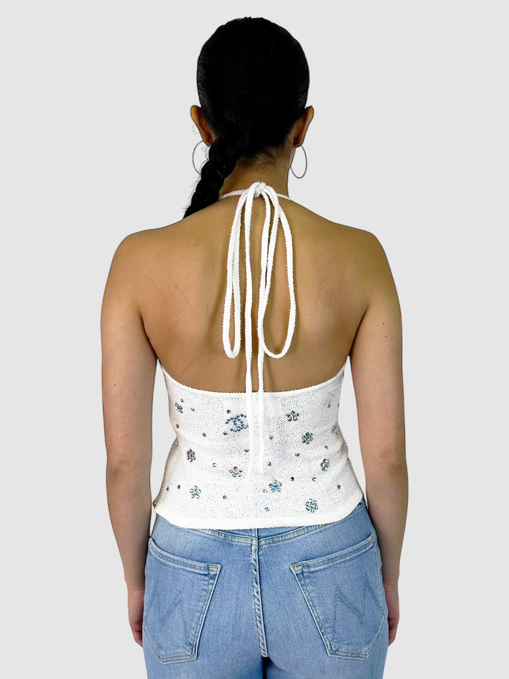 Rhinestone Embellished Knit Halter Top - Size 36