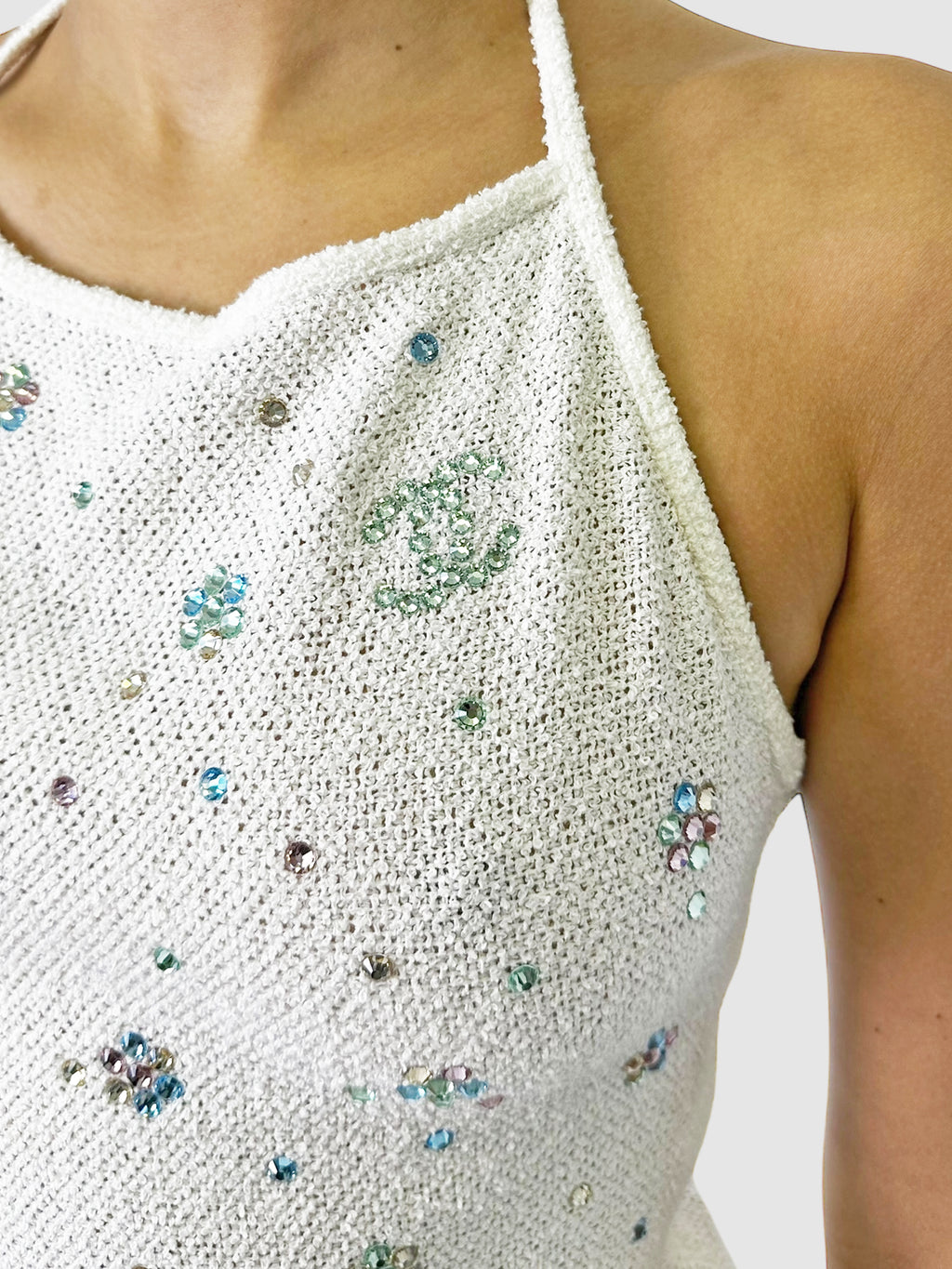 Rhinestone Embellished Knit Halter Top - Size 36