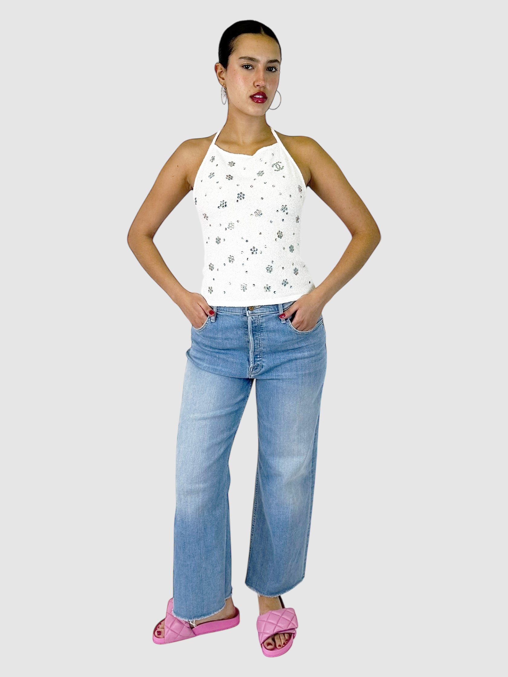 Rhinestone Embellished Knit Halter Top - Size 36