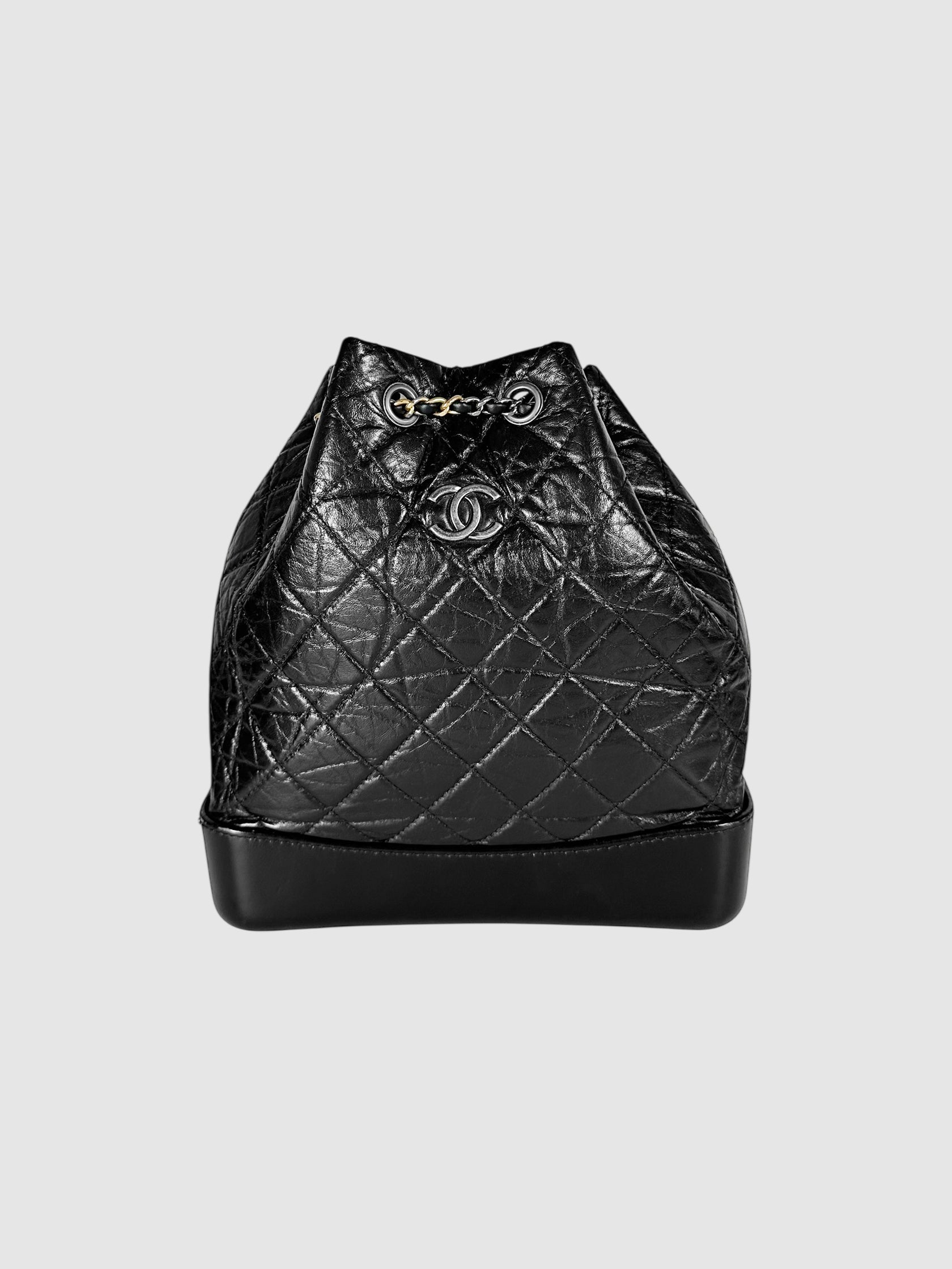 Chanel Black Quilted Aged Leather Gabrielle Bucket Backpack Luxury Designer Resale Consignment Toronto Secondhand
