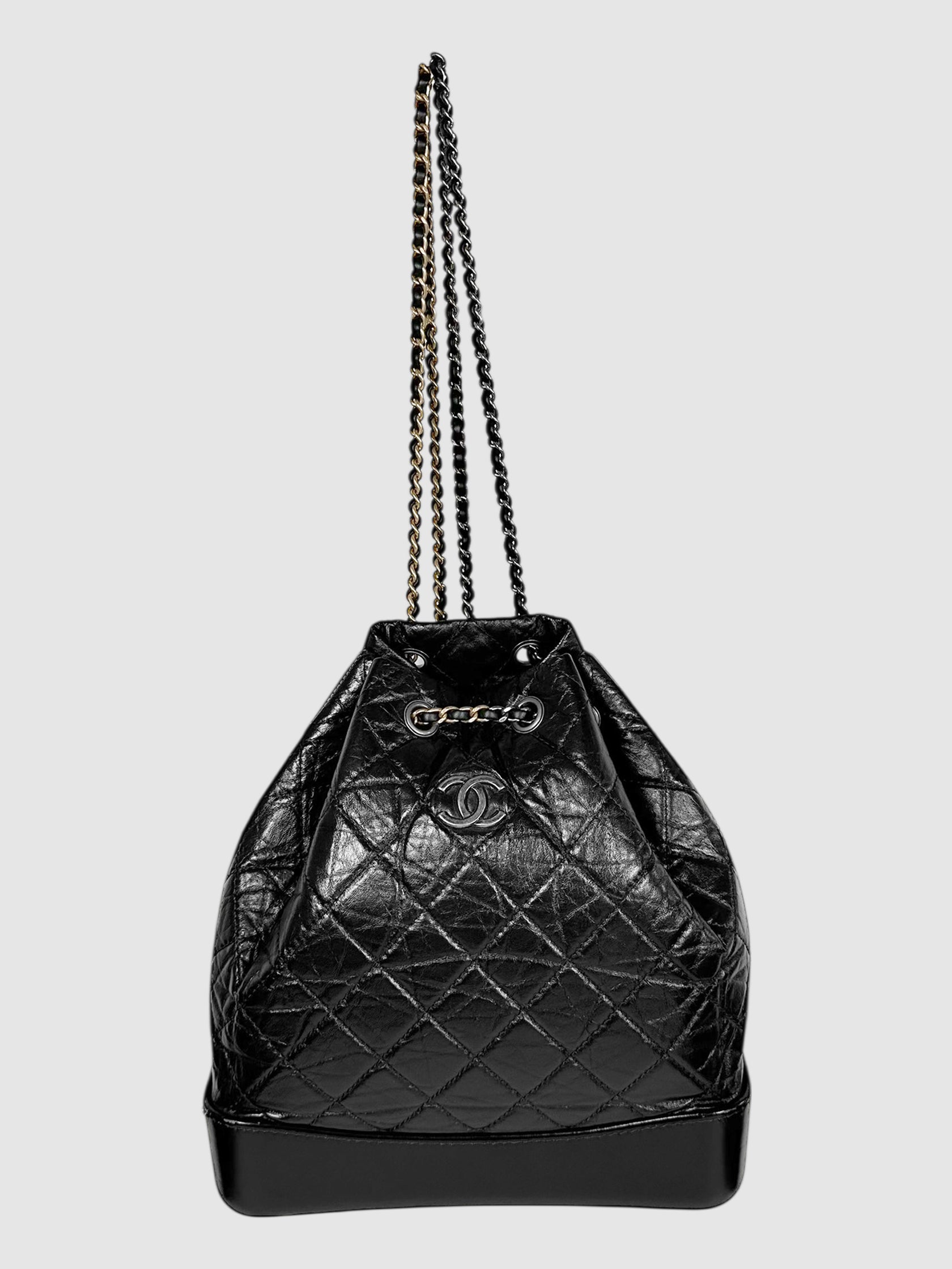 Chanel Black Quilted Aged Leather Gabrielle Bucket Backpack Luxury Designer Resale Consignment Toronto Secondhand