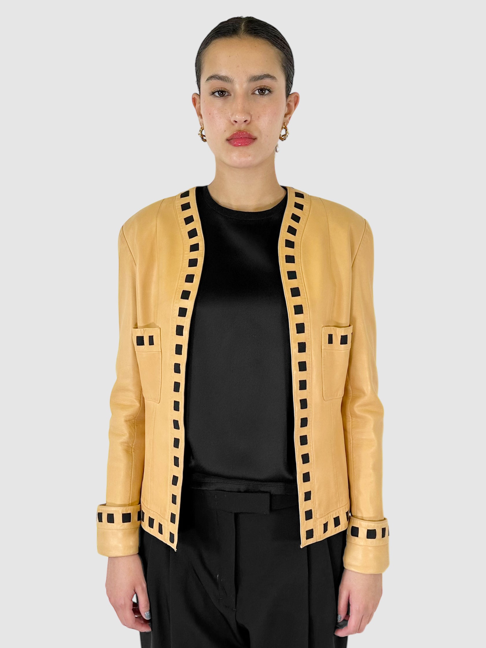 Chanel Beige Leather Ribbon Detail Open Front Jacket - Size 40 Luxury Designer Resale Consignment Toronto