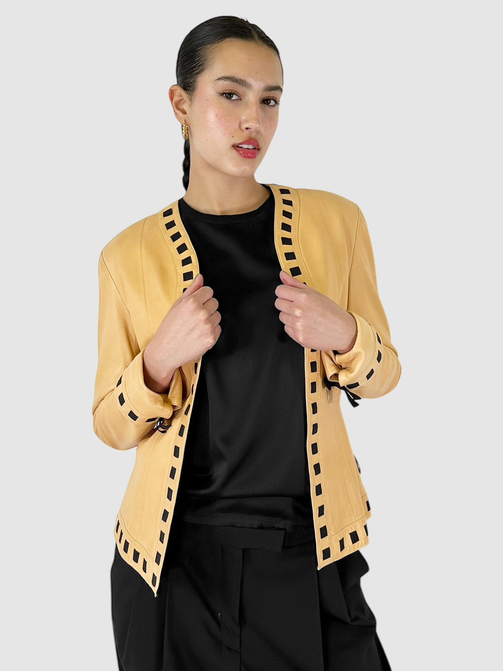 Chanel Beige Leather Ribbon Detail Open Front Jacket - Size 40 Luxury Designer Resale Consignment Toronto