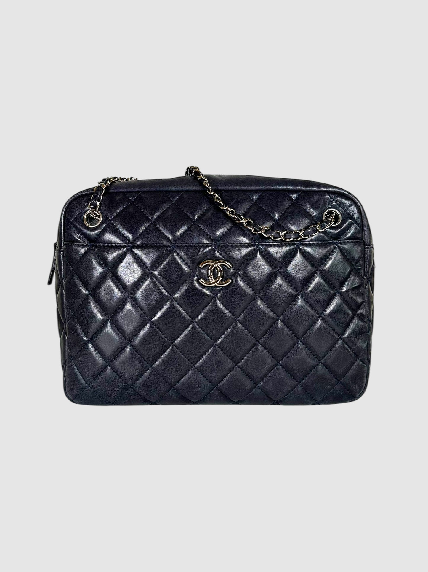 Chanel Navy Blue Quilted Lambskin Leather Large Camera Bag Luxury Designer Resale Consignment Toronto Canada