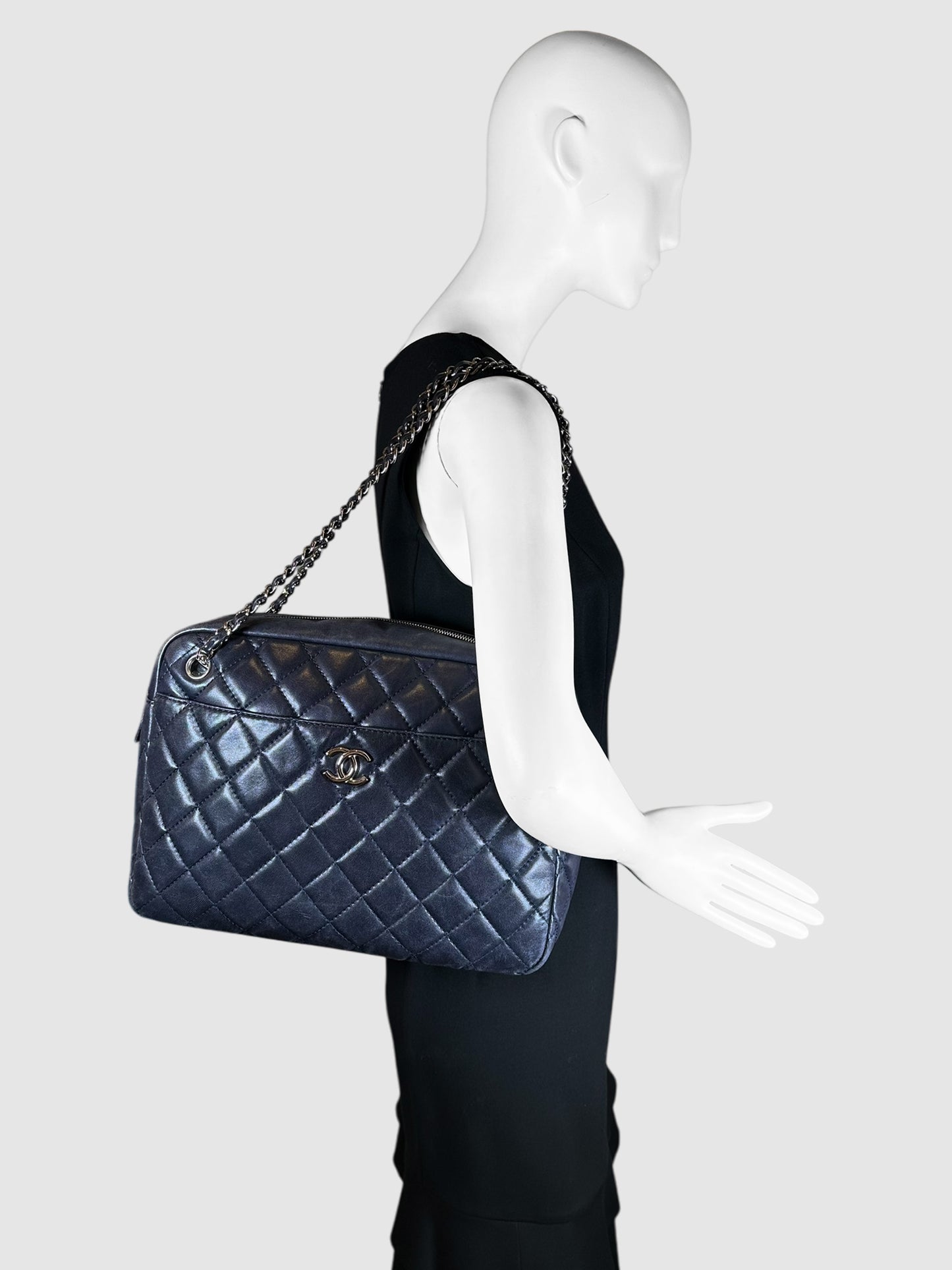 Chanel Navy Blue Quilted Lambskin Leather Large Camera Bag Luxury Designer Resale Consignment Toronto Canada