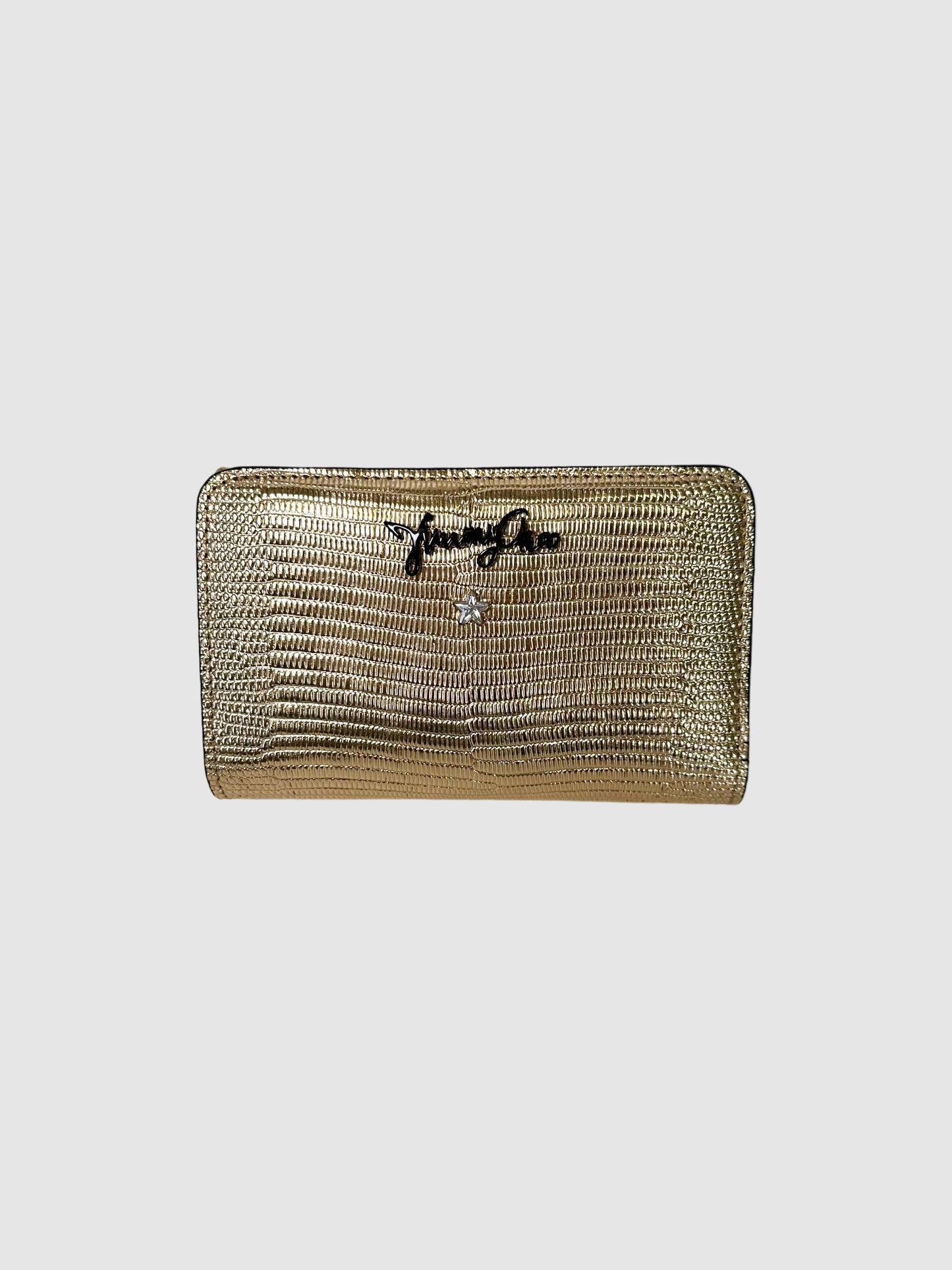 Jimmy Choo Leather Metallic Gold-Tone Graffiti Logo Star Stud Wallet Consignment Secondhand Designer Luxury Resale Toronto Trendy