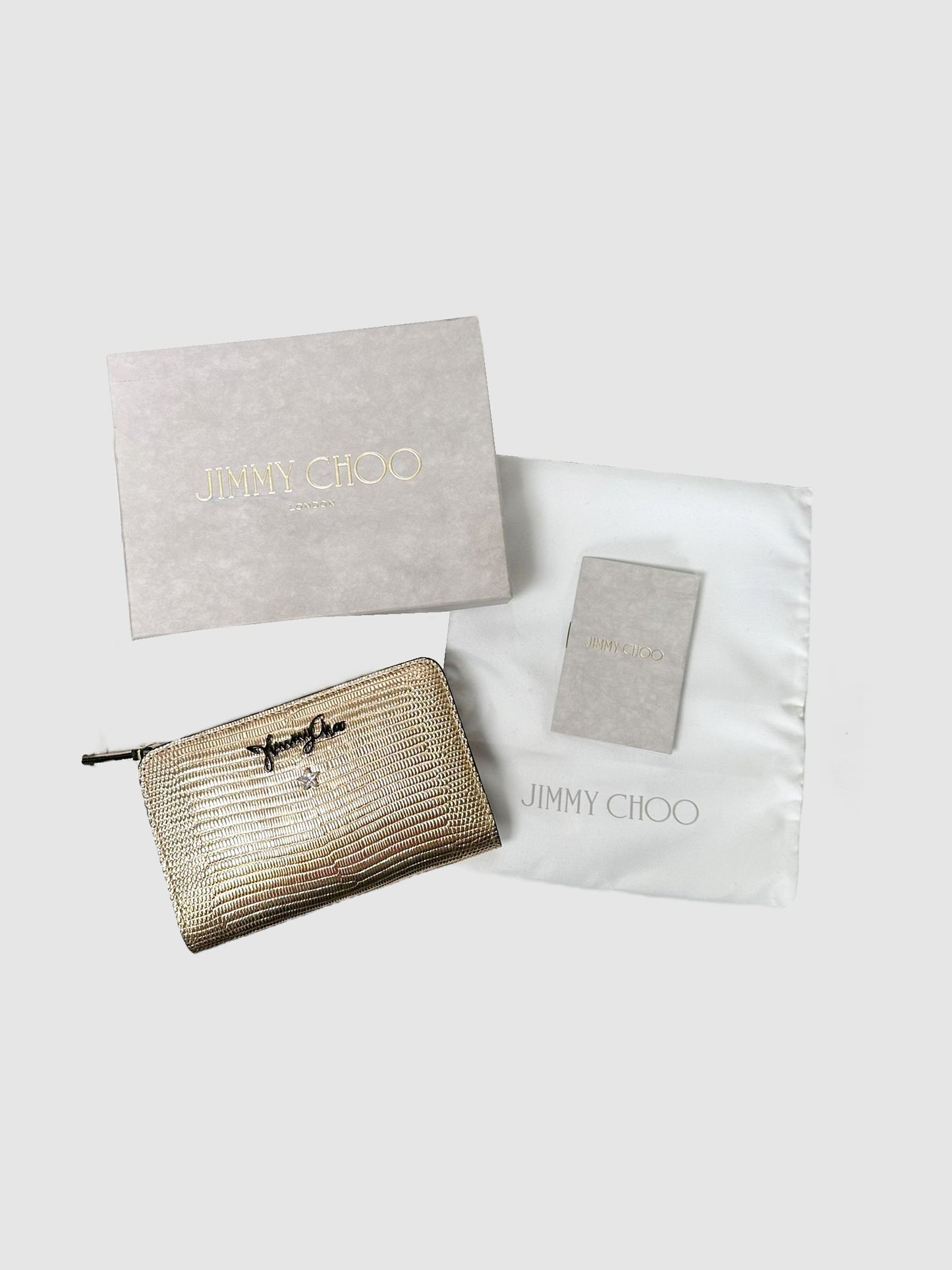 Jimmy Choo Leather Metallic Gold-Tone Graffiti Logo Star Stud Wallet Consignment Secondhand Designer Luxury Resale Toronto Trendy