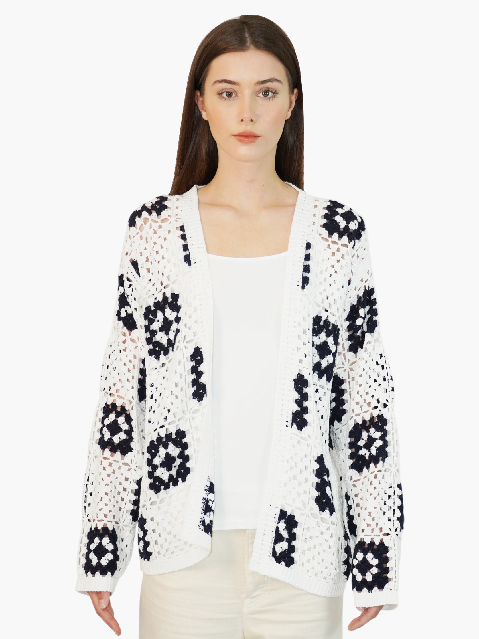 Open-Knit Checkered Cardigan