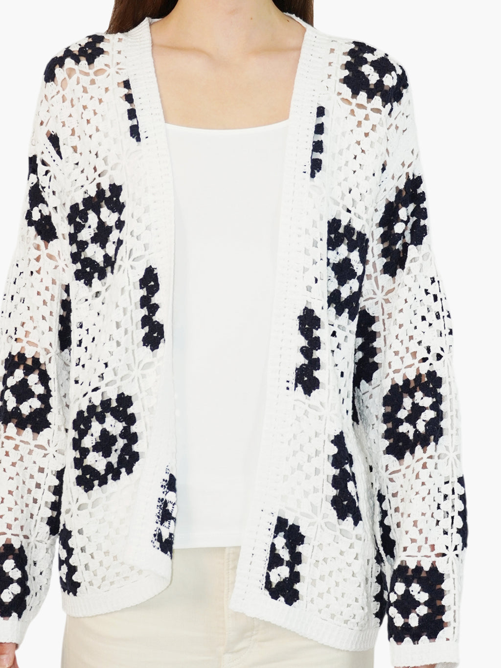 Open-Knit Checkered Cardigan