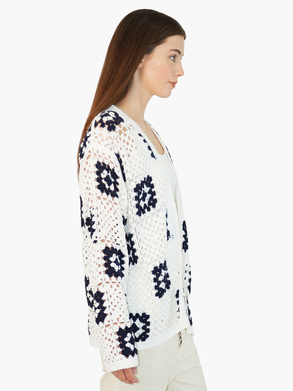 Open-Knit Checkered Cardigan