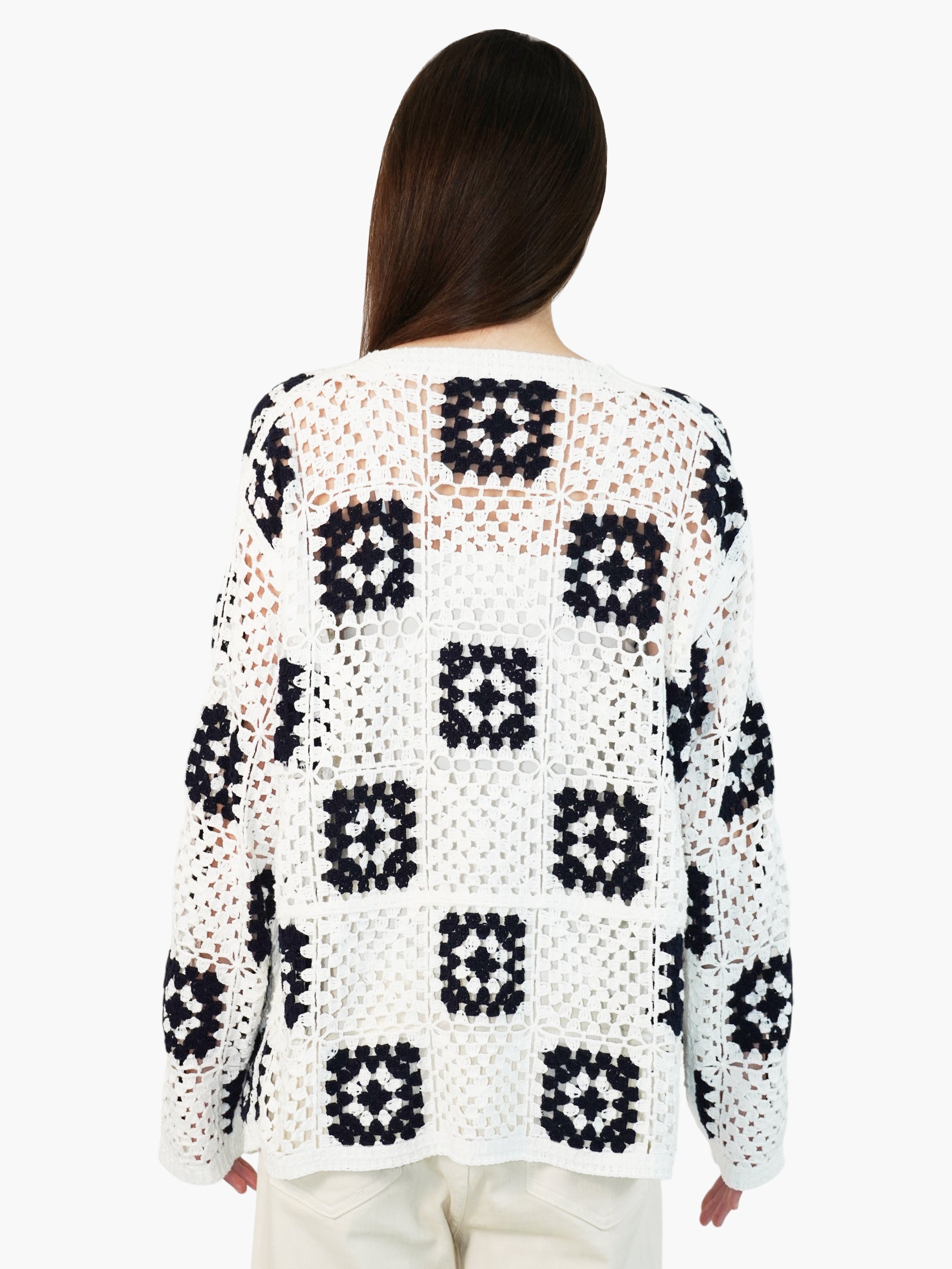 Open-Knit Checkered Cardigan