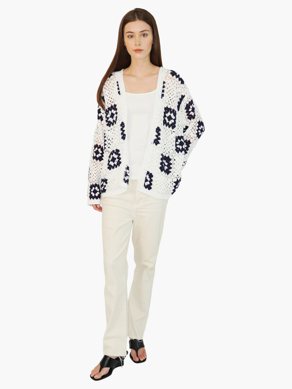Open-Knit Checkered Cardigan