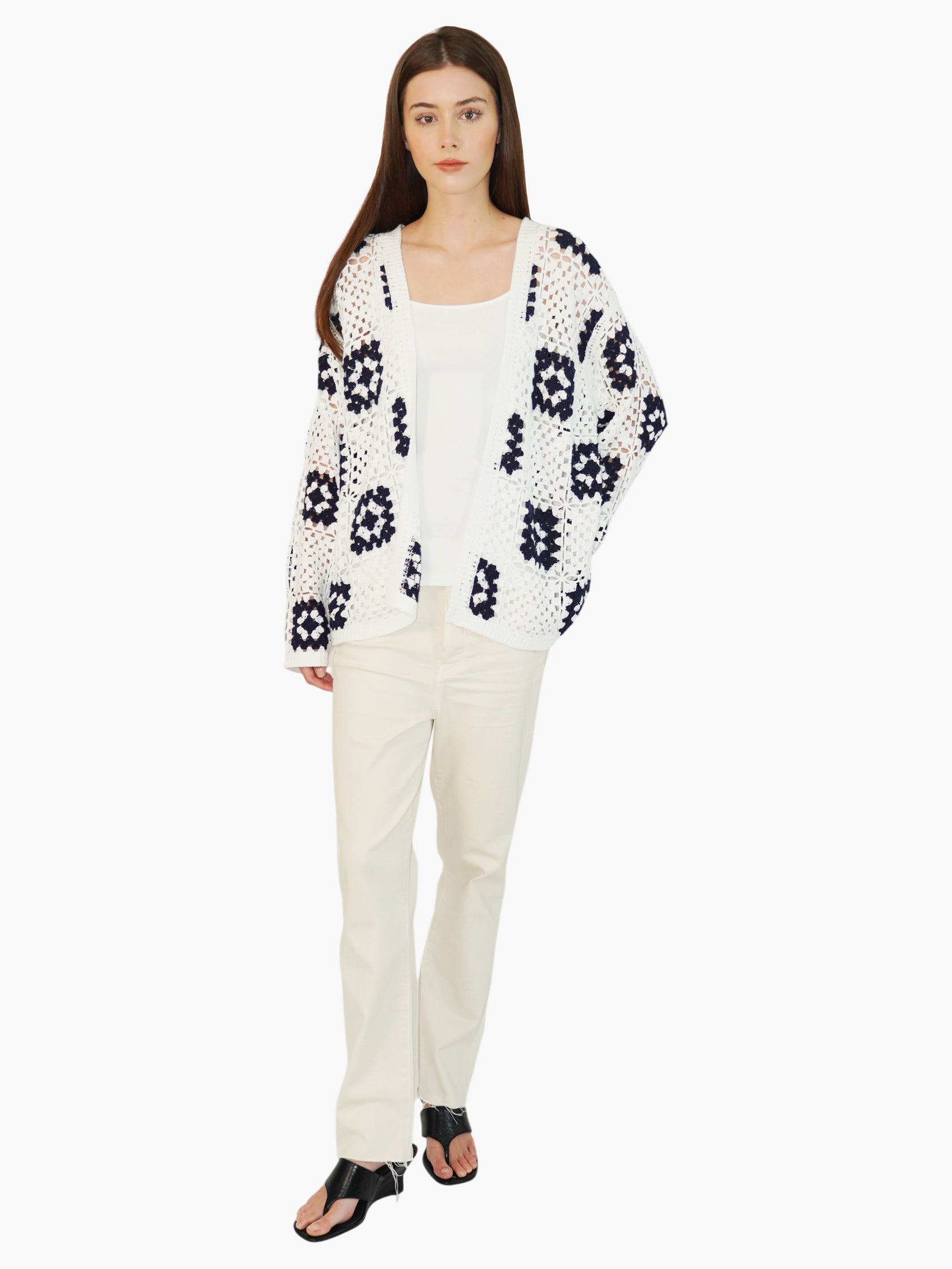 Open-Knit Checkered Cardigan