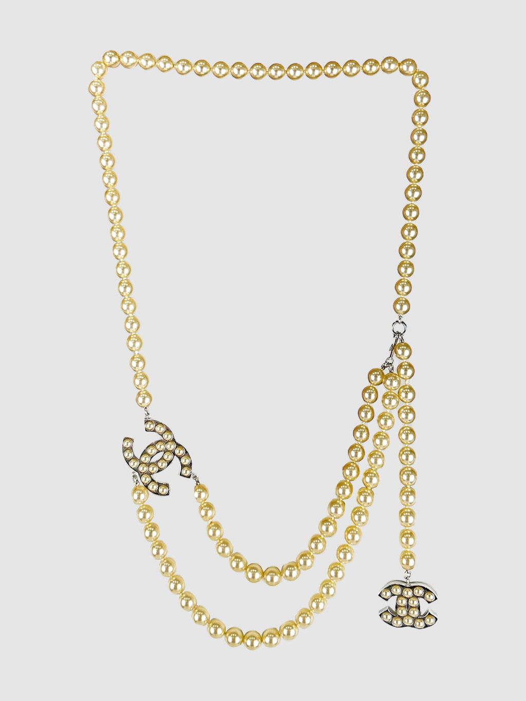 Chanel 2007 Tinted Faux Pearl Dual CC Belt Luxury Designer Resale Consignment Vintage Secondhand Necklace Toronto Canada