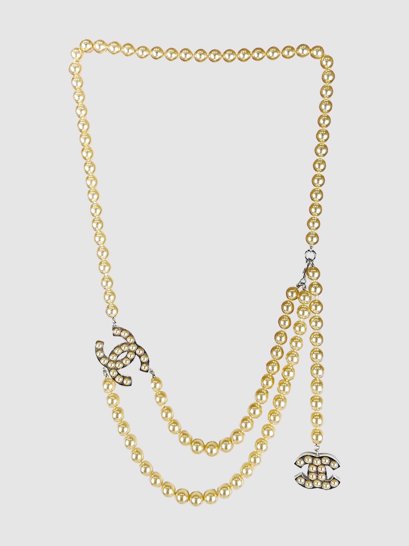 Chanel 2007 Tinted Faux Pearl Dual CC Belt Luxury Designer Resale Consignment Vintage Secondhand Necklace Toronto Canada