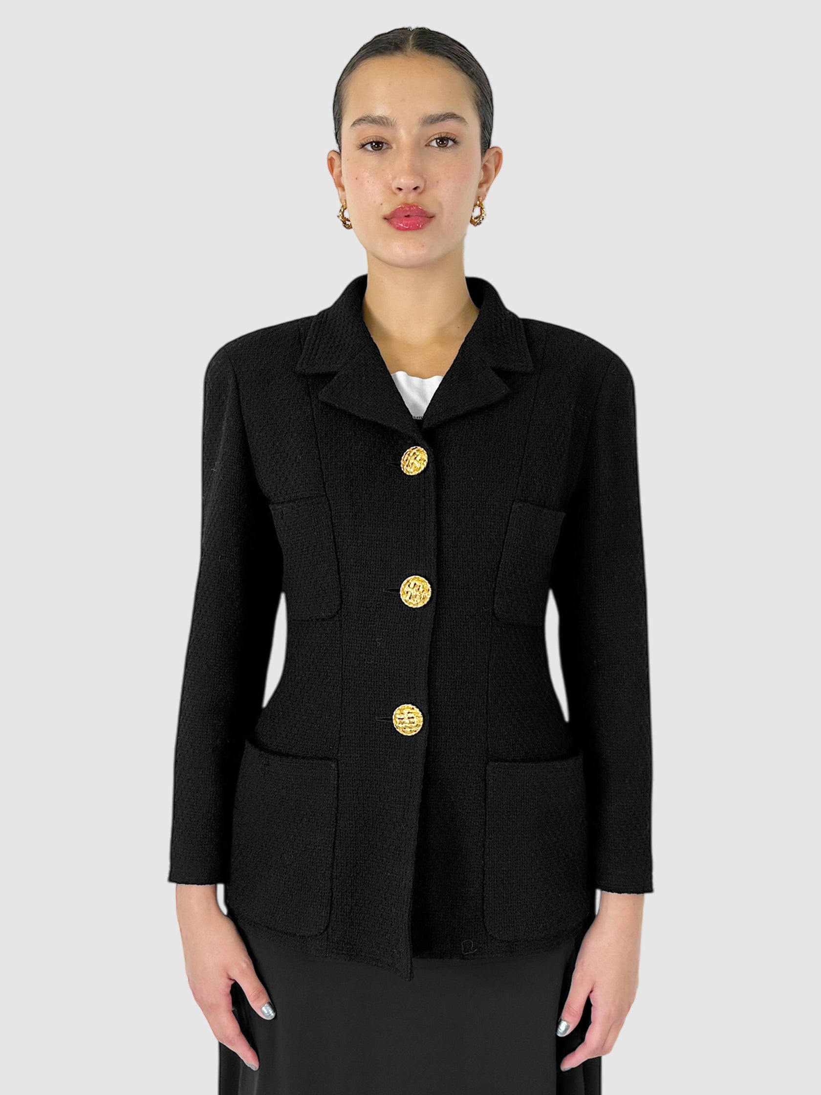 Chanel Black Quad Pocket Single-Breasted Blazer with Gold-Tone Buttons Size 40 Designer Luxury Resale Consignment Toronto