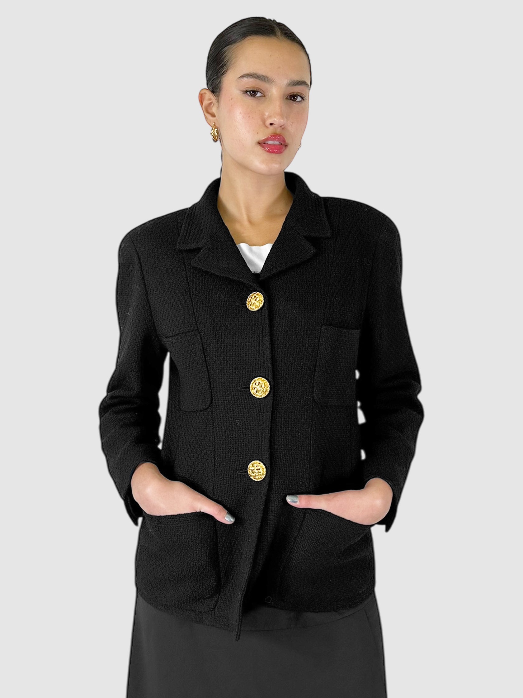 Chanel Black Quad Pocket Single-Breasted Blazer with Gold-Tone Buttons Size 40 Designer Luxury Resale Consignment Toronto