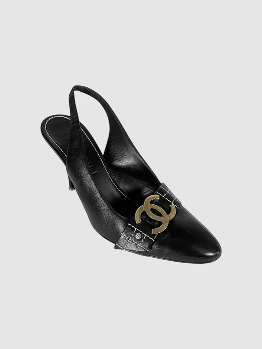 Chanel Black Leather CC Buckle Slingback Pumps - Size 38.5 Luxury Designer Resale Consignment Toronto Canada