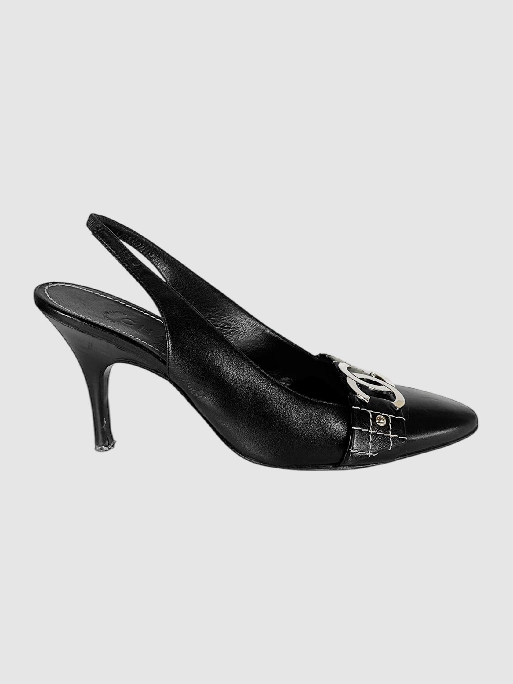 Chanel Black Leather CC Buckle Slingback Pumps - Size 38.5 Luxury Designer Resale Consignment Toronto Canada