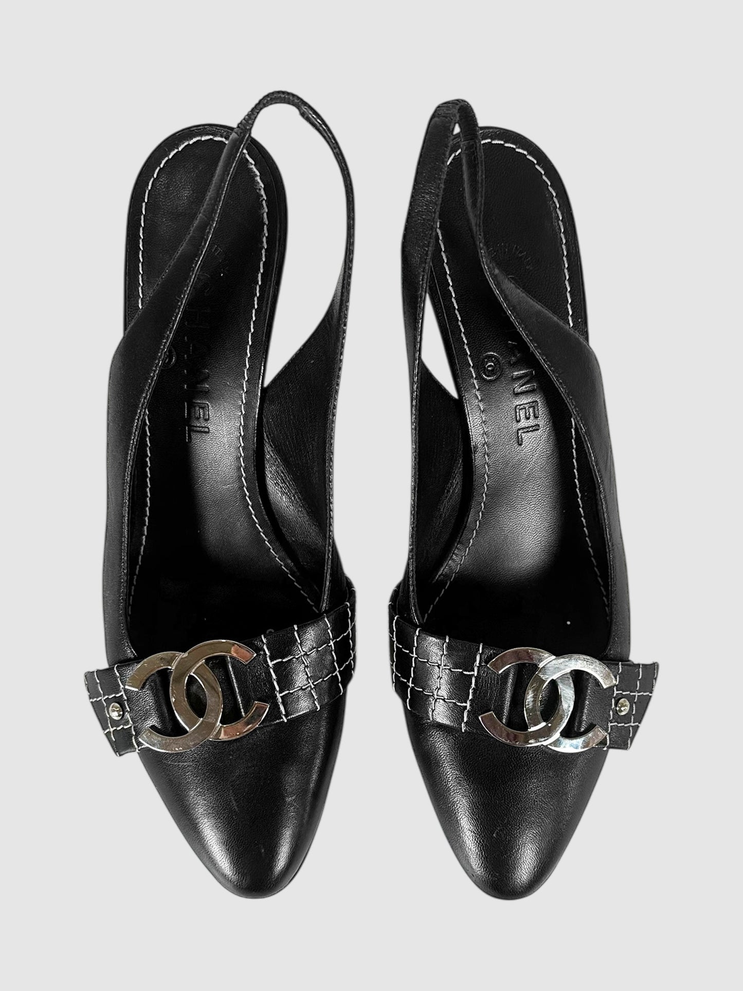 Chanel Black Leather CC Buckle Slingback Pumps - Size 38.5 Luxury Designer Resale Consignment Toronto Canada