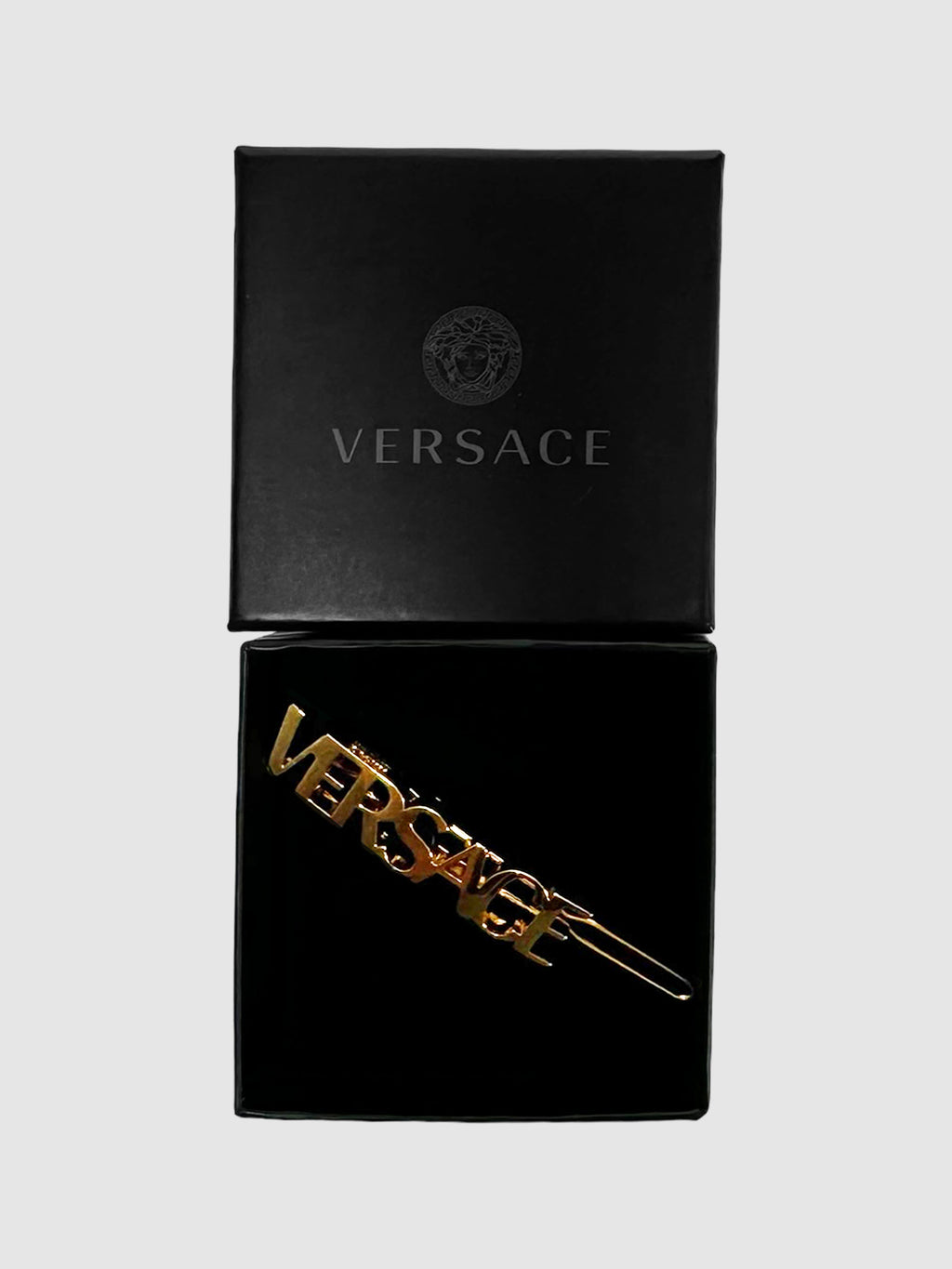 Versace Gold-Tone Logo Hair Pin Consignment Secondhand Designer Luxury Resale Toronto Trendy