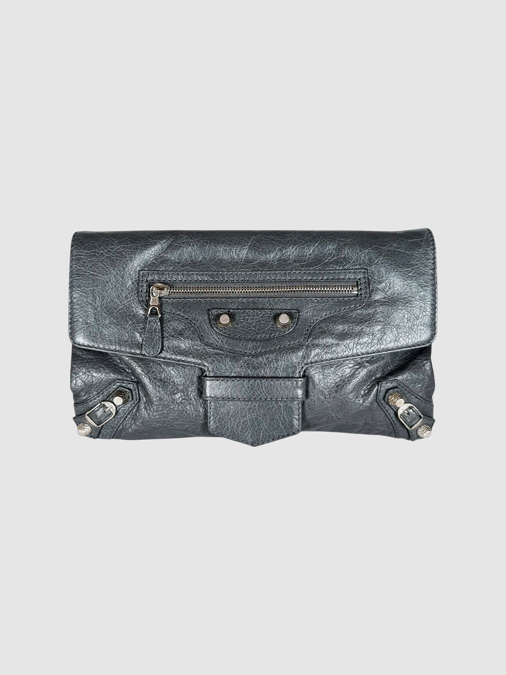 Balenciaga Grey City Anthracite Leather Clutch Luxury Designer Resale Consignment Toronto