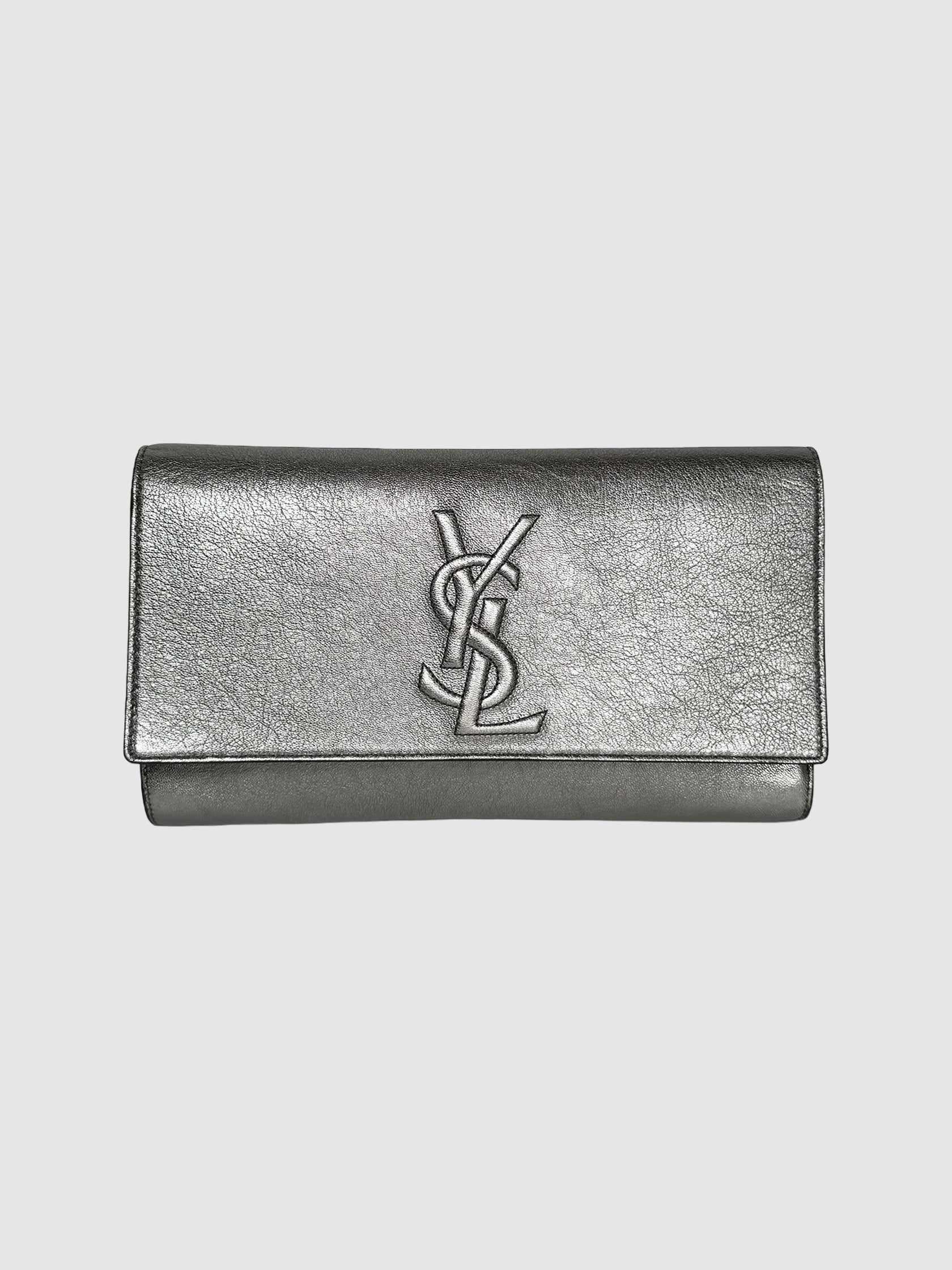 Yves Saint Laurent Belle de Jour Leather Clutch Silver YSL Consignment Designer Luxury Resale Toronto Secondhand