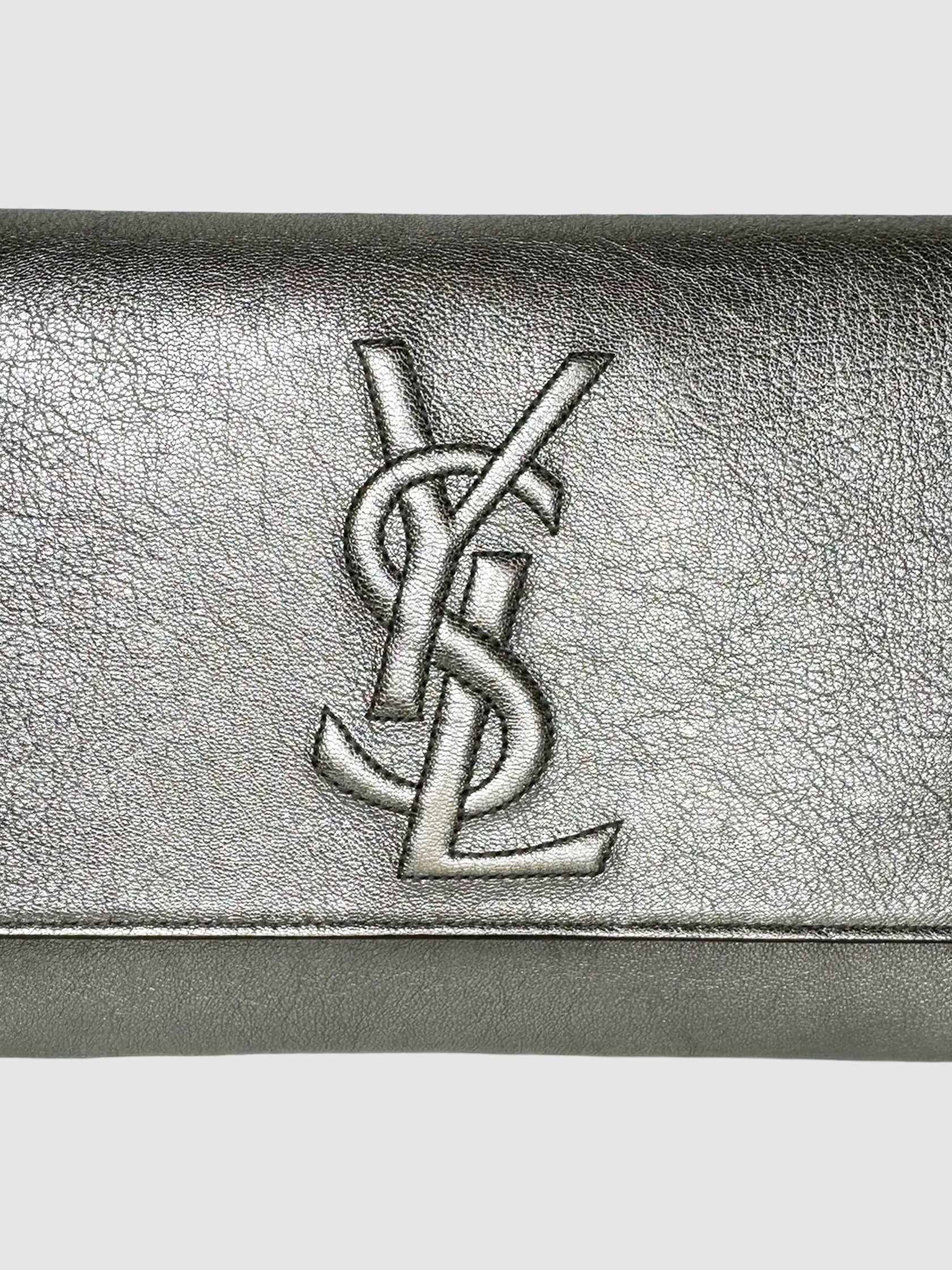 Yves Saint Laurent Belle de Jour Leather Clutch Silver YSL Consignment Designer Luxury Resale Toronto Secondhand