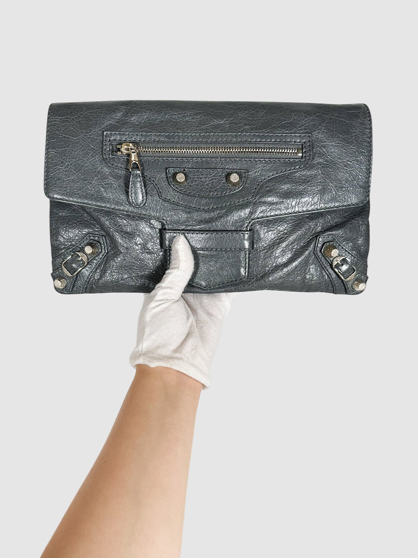 Balenciaga Grey City Anthracite Leather Clutch Luxury Designer Resale Consignment Toronto