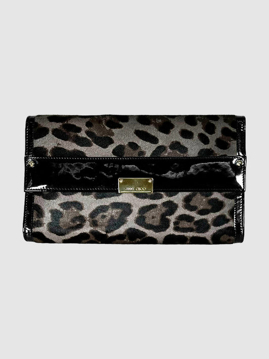 Jimmy Choo Reese Leopard Print Ponyhair and Patent Leather Clutch Consignment Secondhand Designer Luxury Resale Toronto Trendy