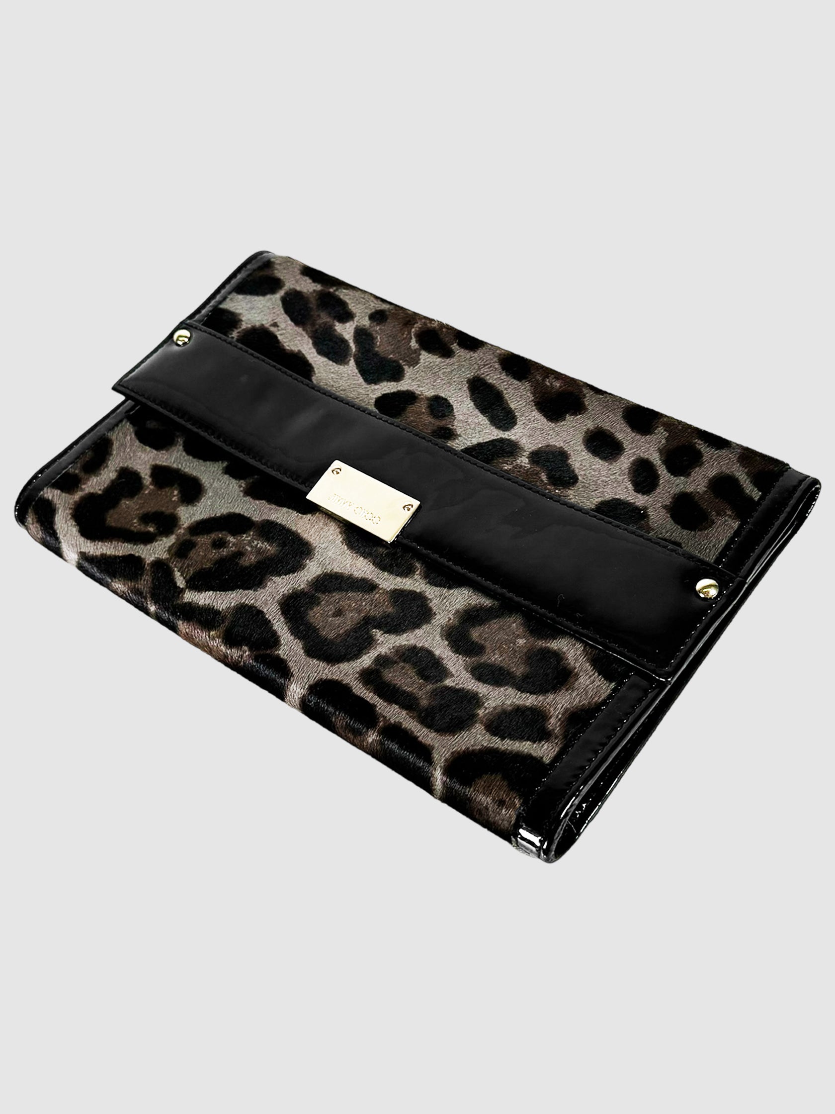 Jimmy Choo Reese Leopard Print Ponyhair and Patent Leather Clutch Consignment Secondhand Designer Luxury Resale Toronto Trendy