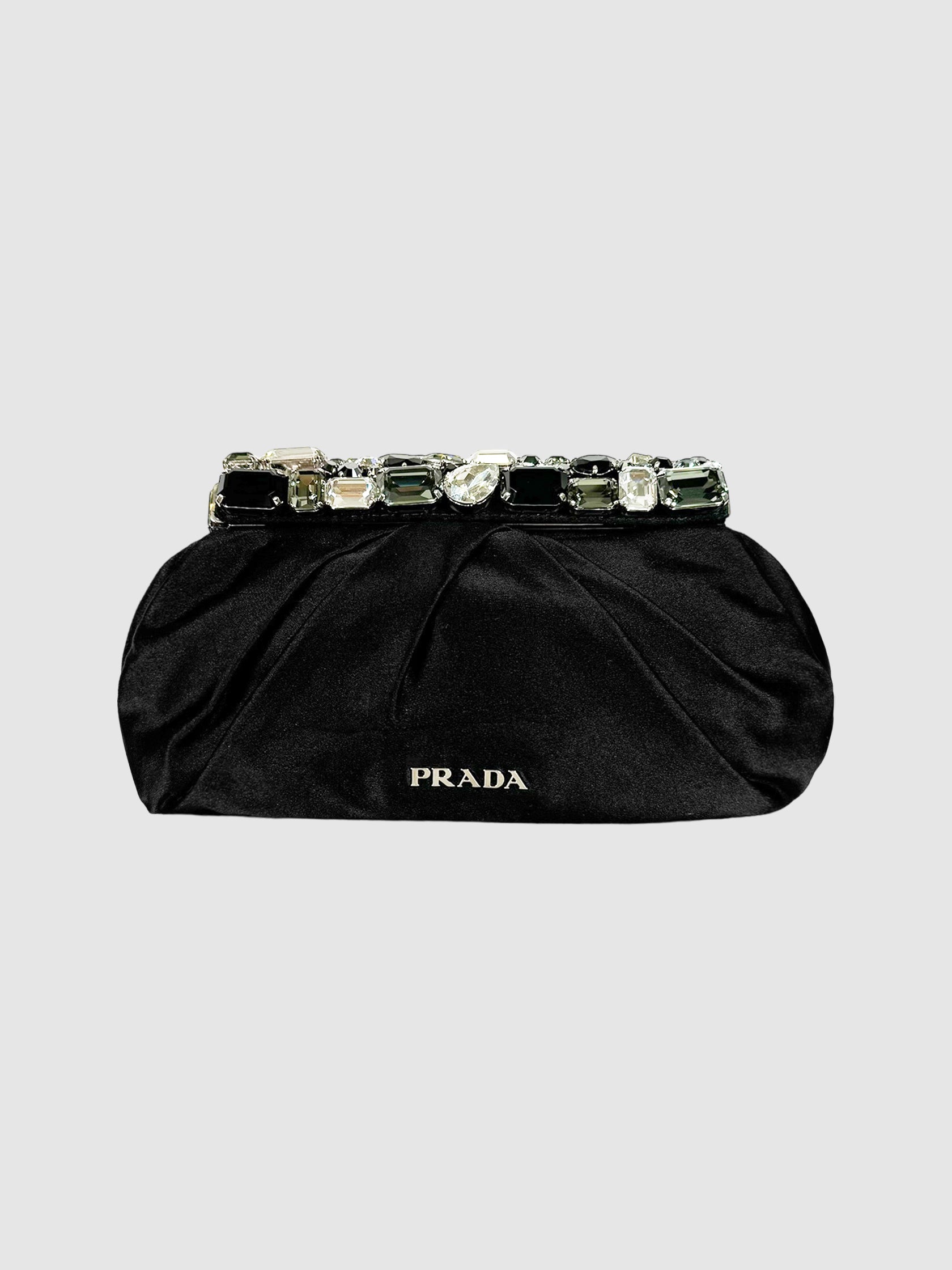 Prada 2010 Small Crystal Embellished Satin Clutch Pochette Consignment Secondhand Designer Luxury Resale Toronto Trendy