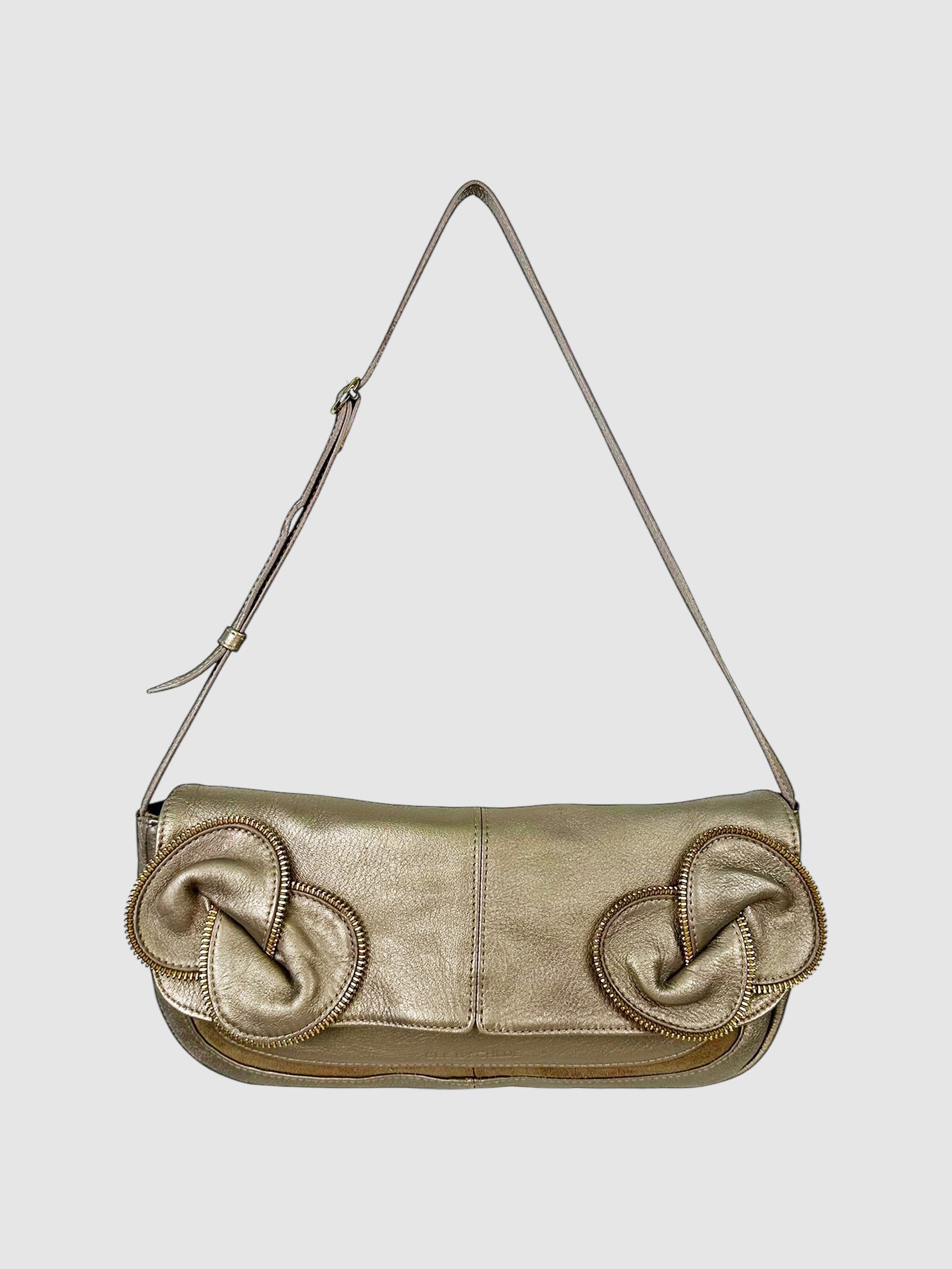 See by Chloé Gold Metallic Zipper Appliqué Shoulder Bag Luxury Designer Resale Consignment Toronto Secondhand Party