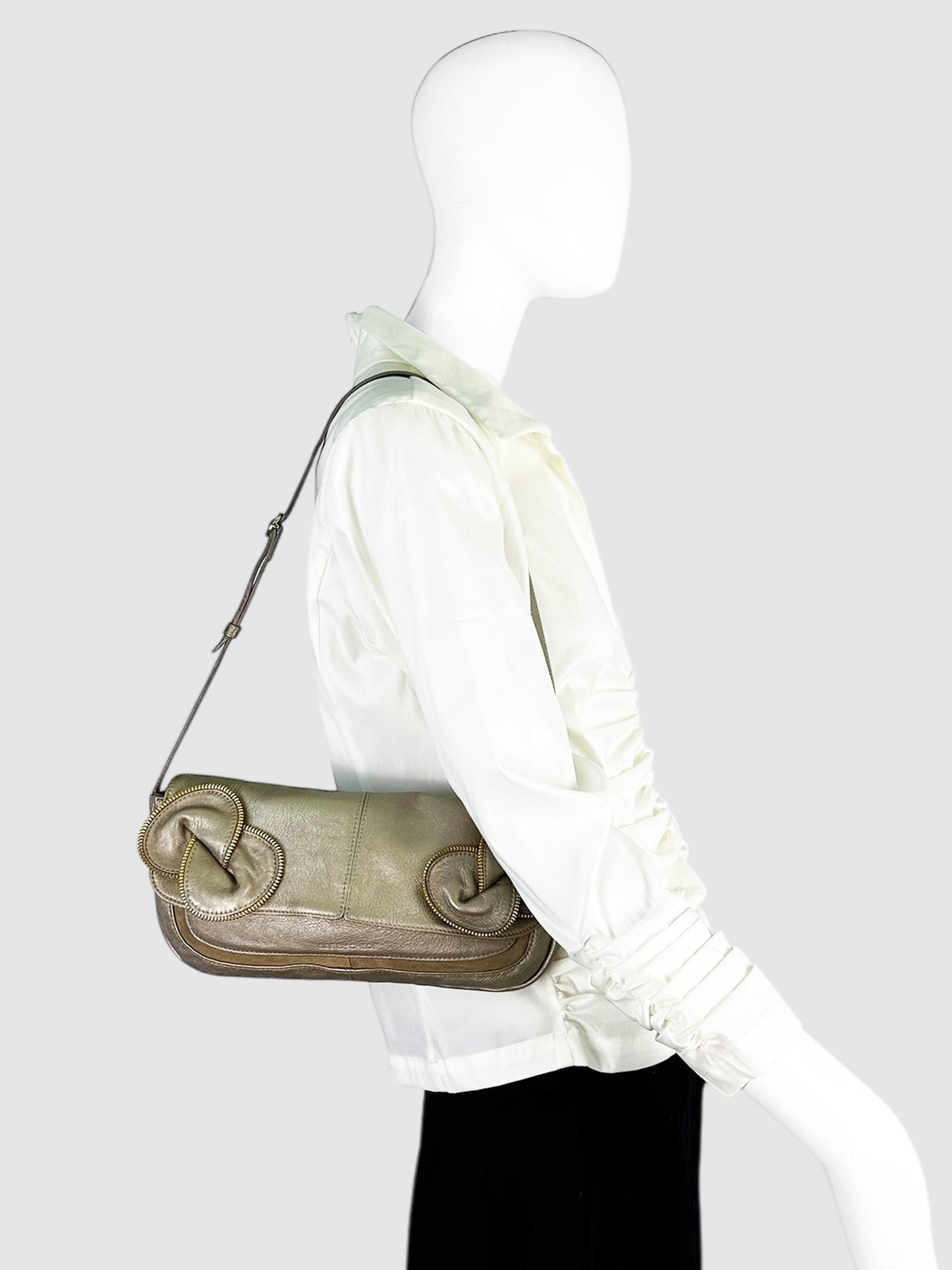 See by Chloé Gold Metallic Zipper Appliqué Shoulder Bag Luxury Designer Resale Consignment Toronto Secondhand Party