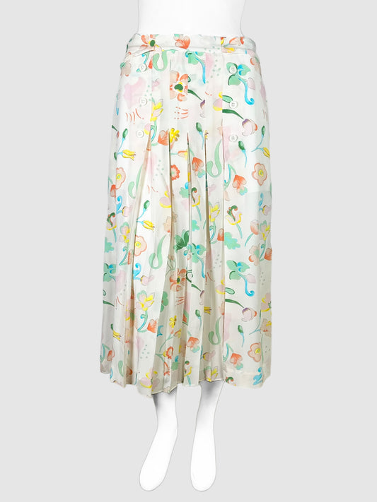 Coach Midi Skirt White and Multicolour Pastel Floral Midi Skirt with Waist Tie Size 4 Consignment Secondhand Designer Luxury Resale Toronto Trendy