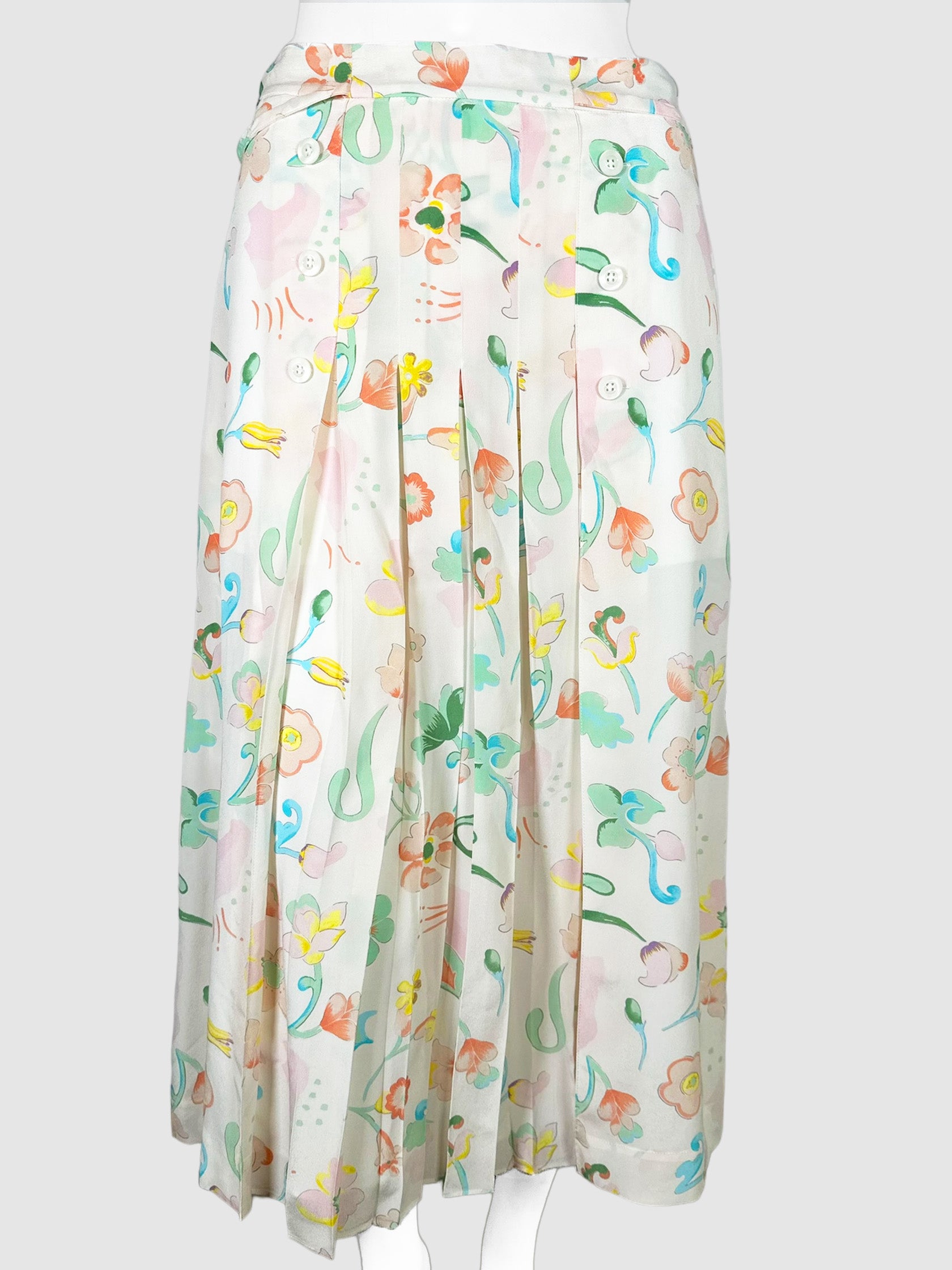 Coach Midi Skirt White and Multicolour Pastel Floral Midi Skirt with Waist Tie Size 4 Consignment Secondhand Designer Luxury Resale Toronto Trendy