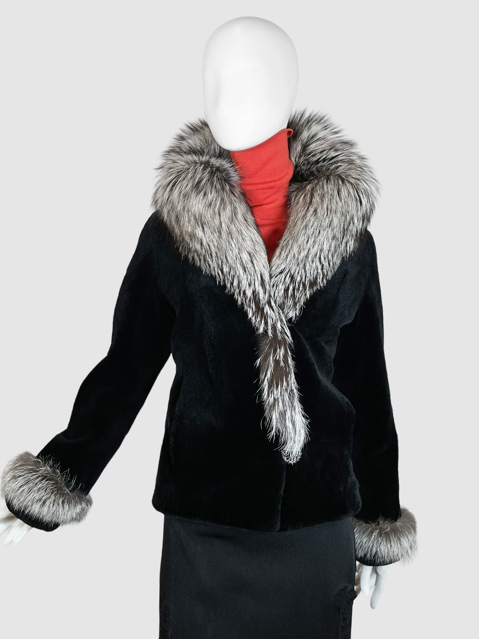 Golden Diamond Furs Black Shearling Coat with Fur Collar